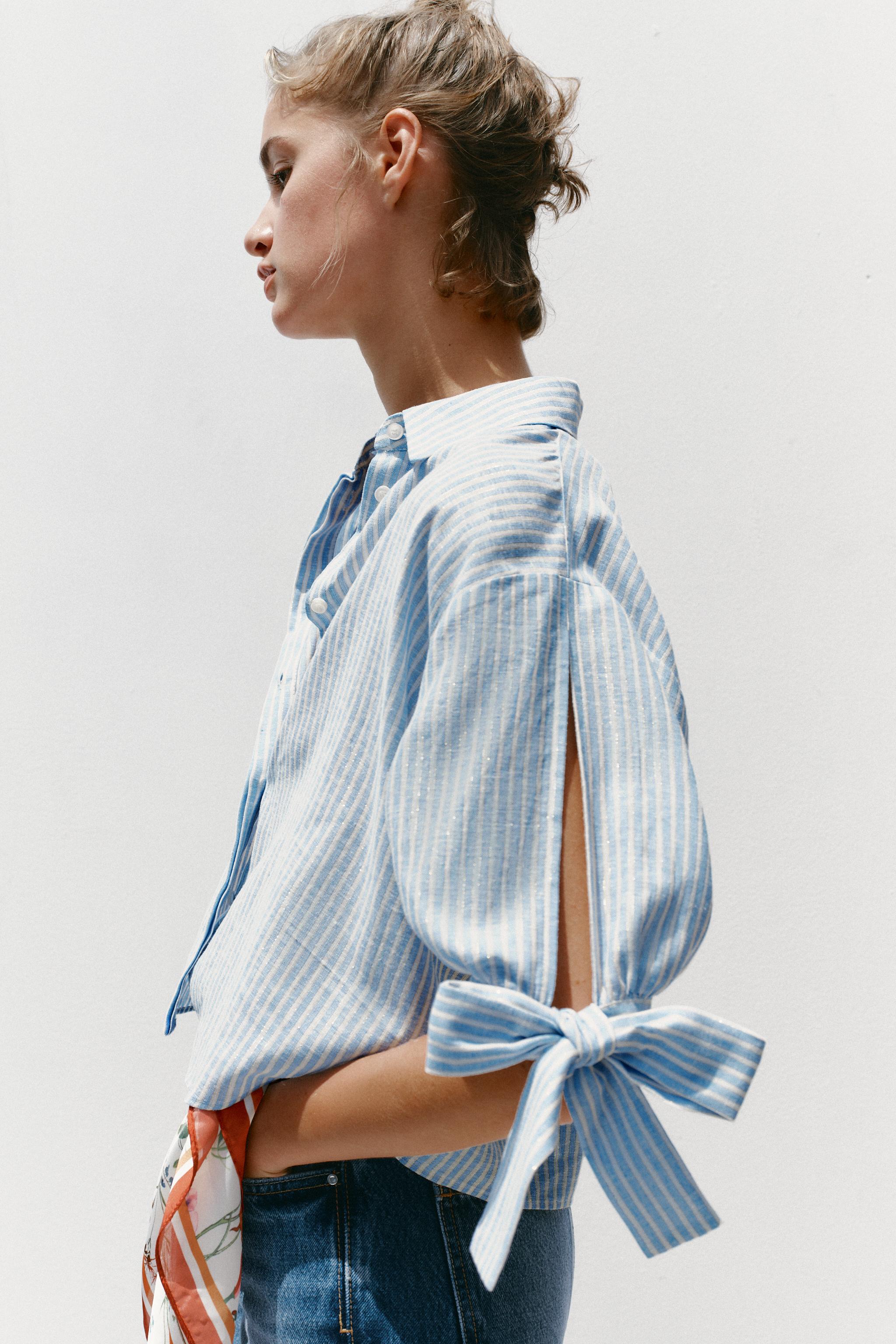 STRIPED LINEN BOW SHIRT