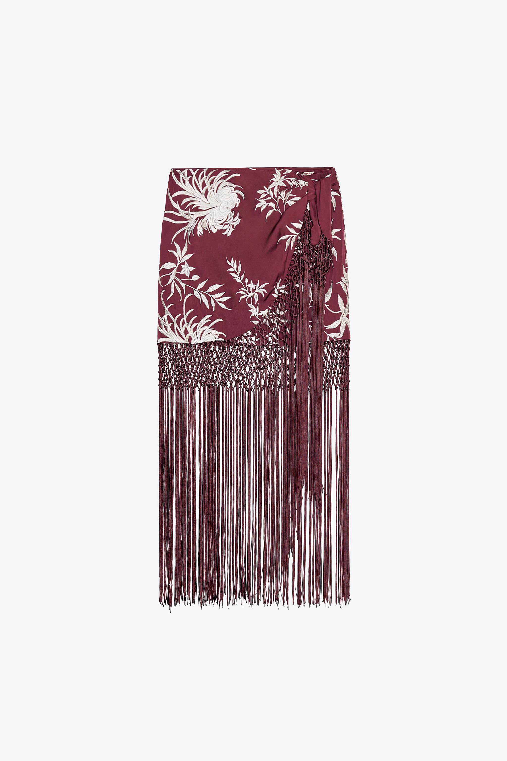 EMBROIDERED FRINGED WRAP SKIRT