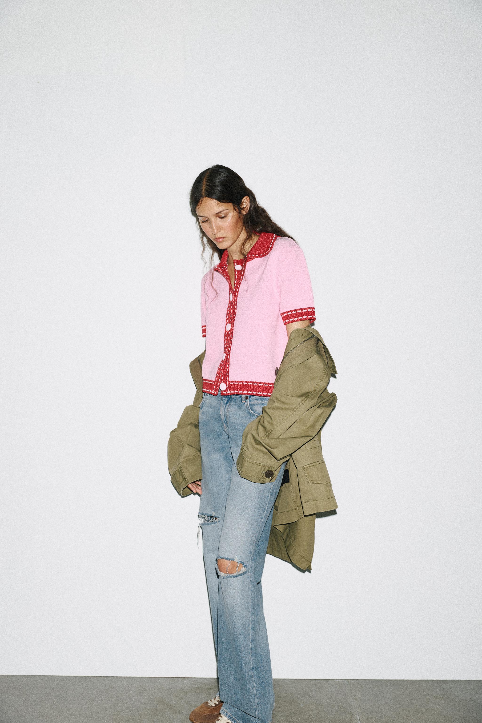 SHORT SLEEVE STITCHED KNIT CARDIGAN