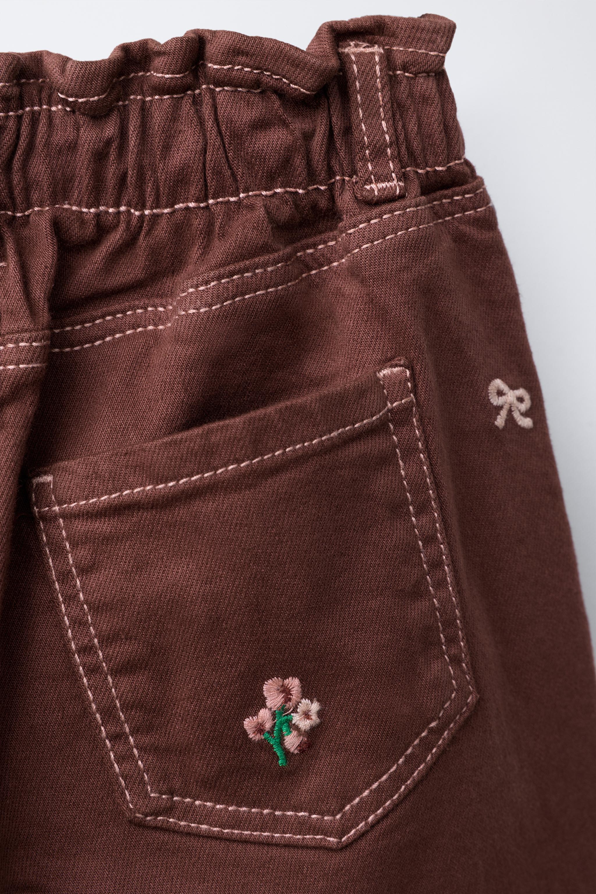 EMBROIDERED FLORAL TWILL BAGGY PANTS