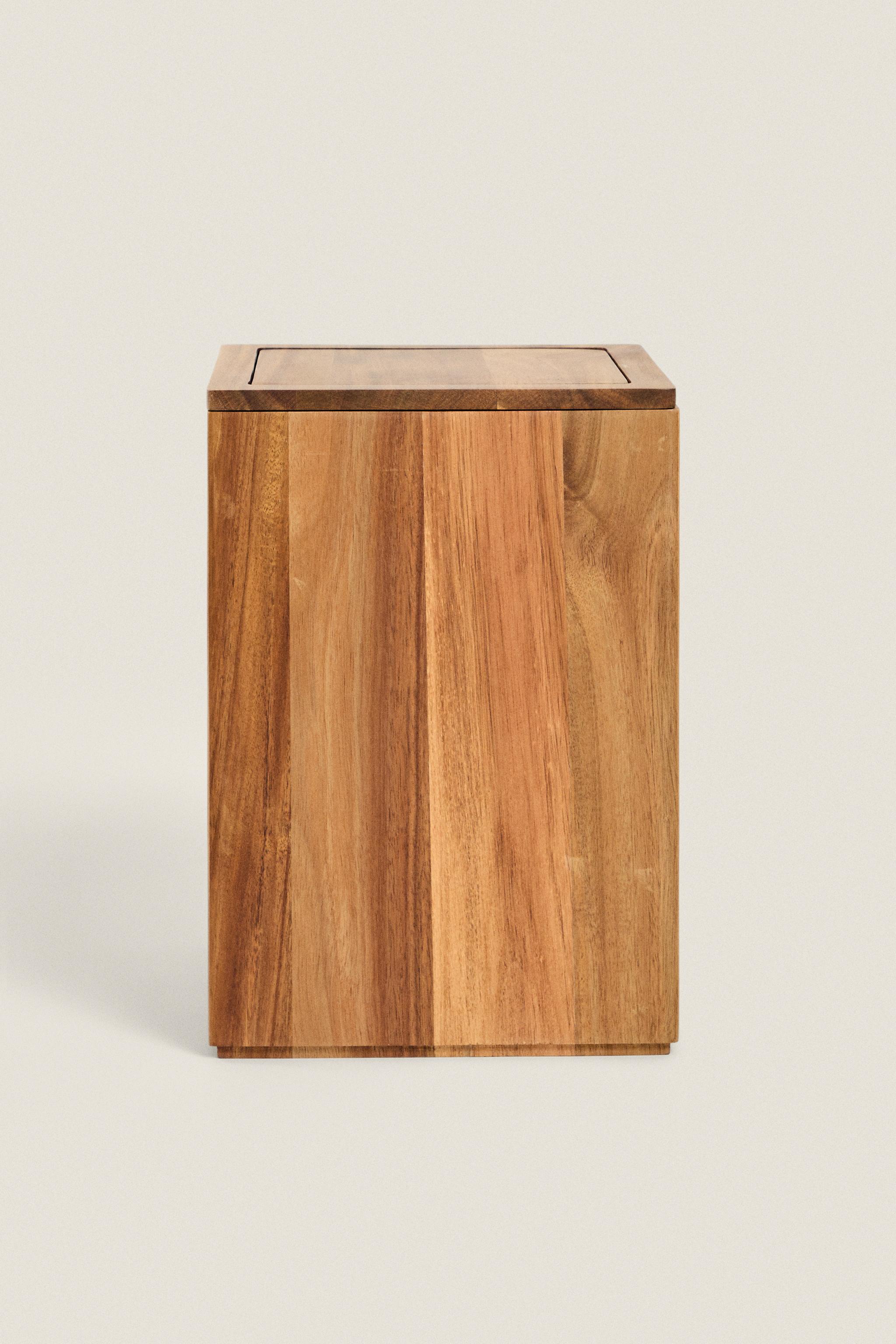 LARGE WOODEN SQUARE BATHROOM TRASH CAN