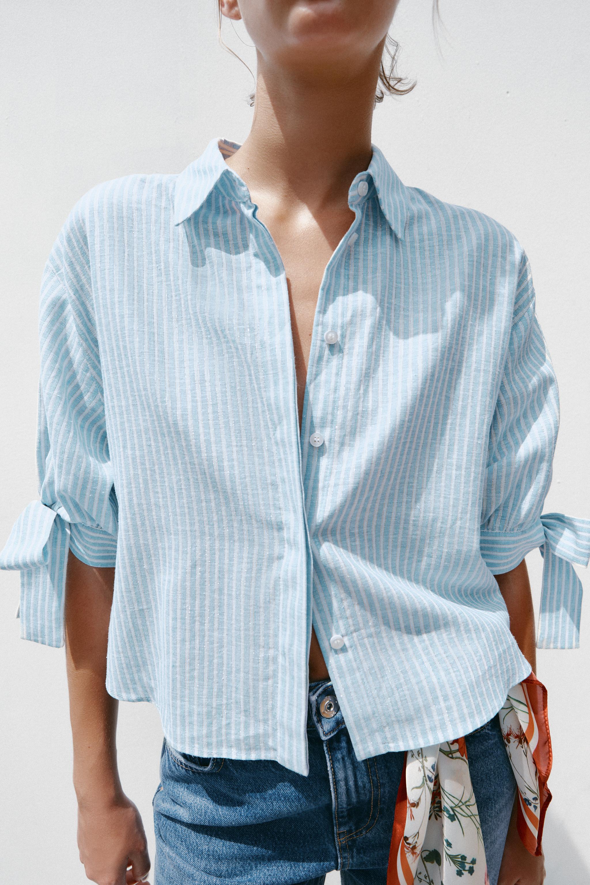 STRIPED LINEN BOW SHIRT