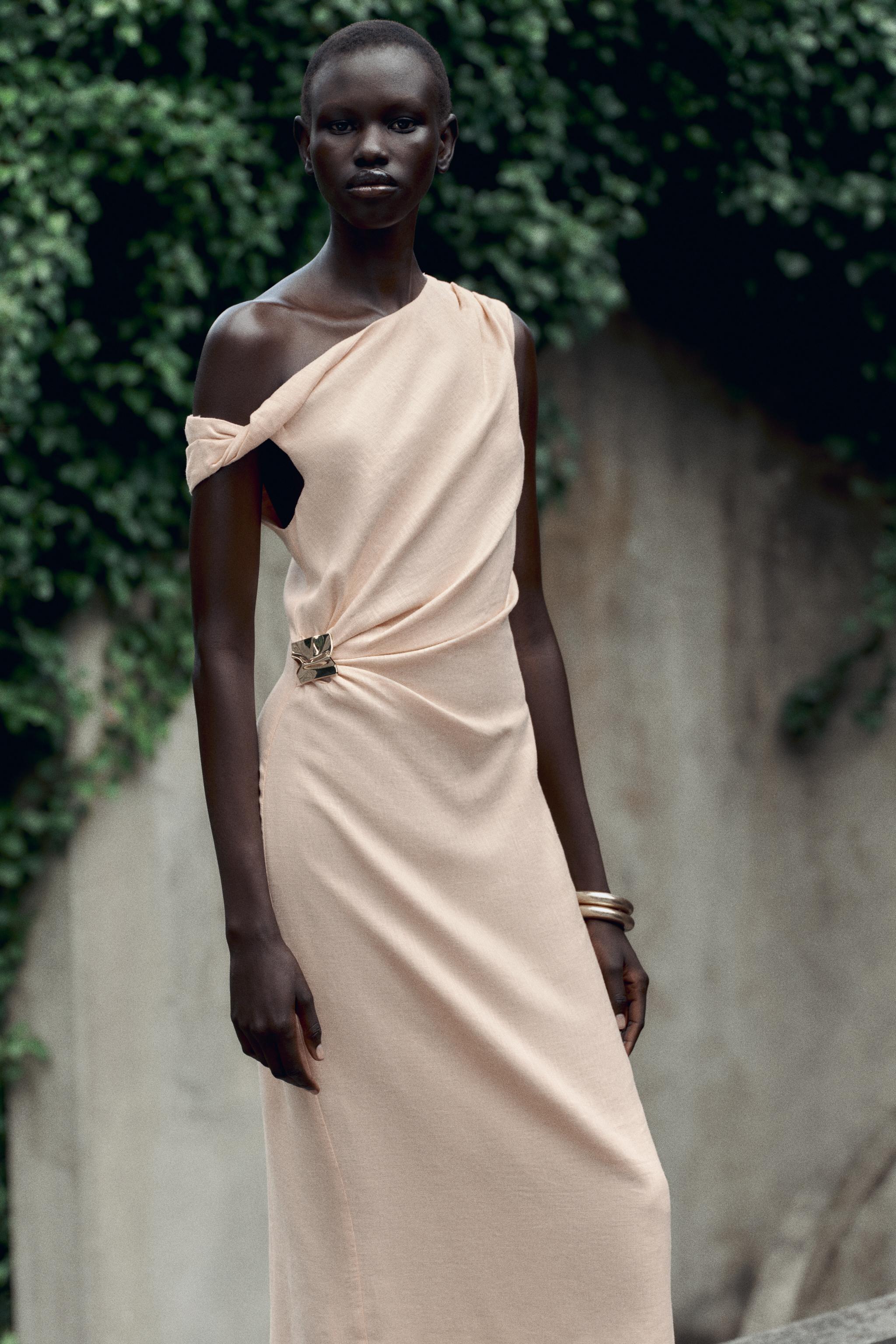 ASYMMETRIC LINEN-BLEND MIDI DRESS WITH APPLIQUÉ