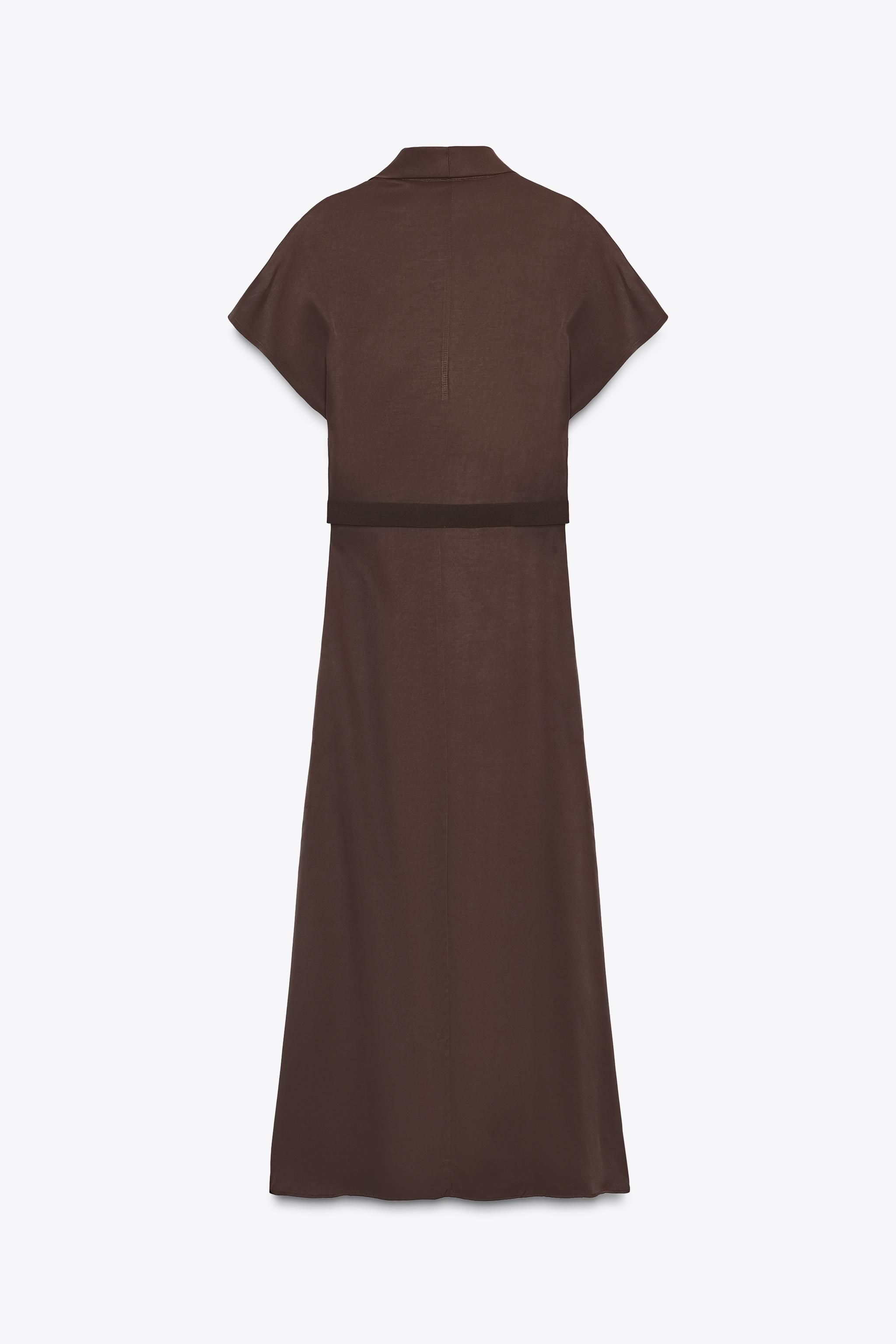 BELTED DRAPED NECK MIDI DRESS