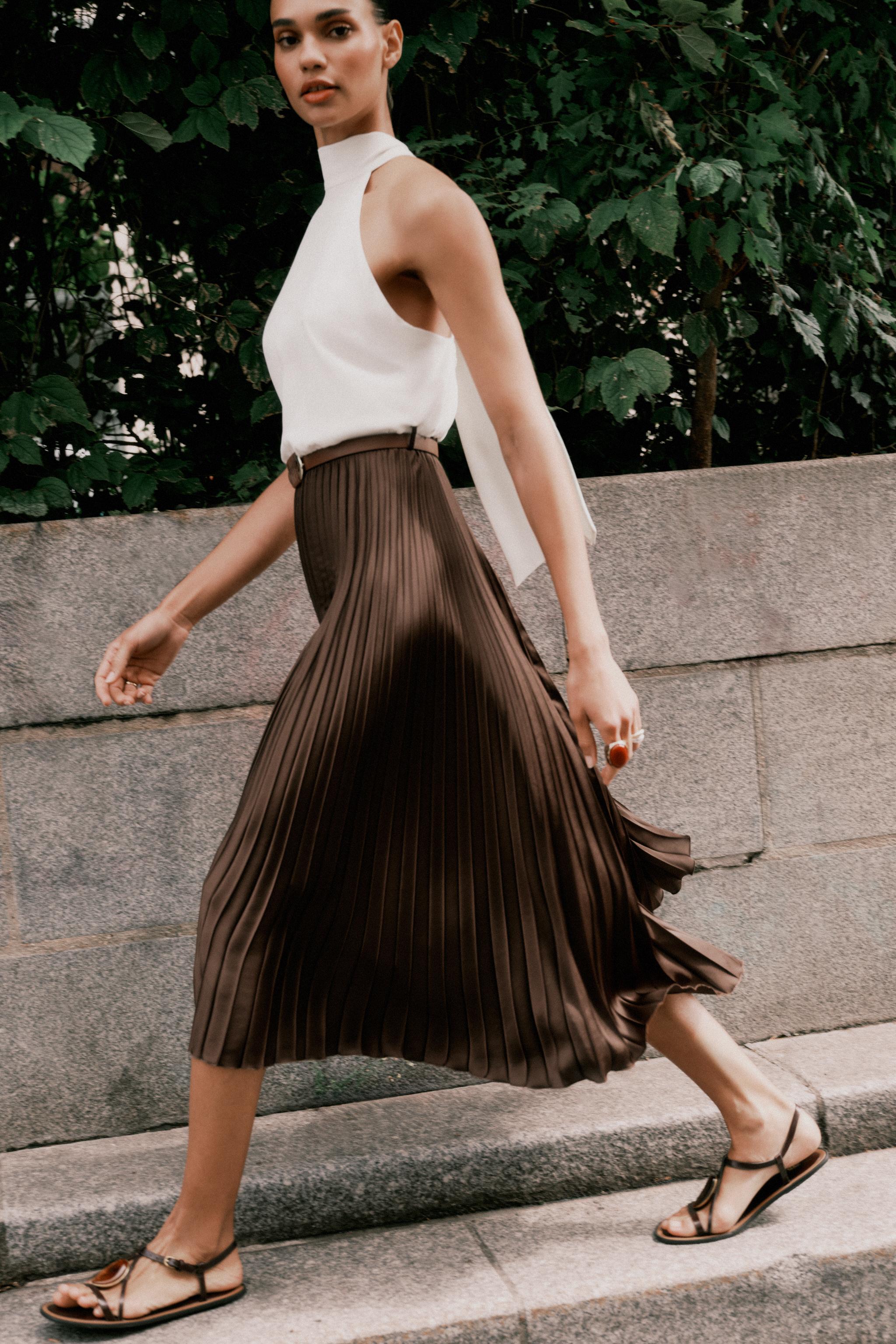 PLEATED COMBINATION MIDI DRESS