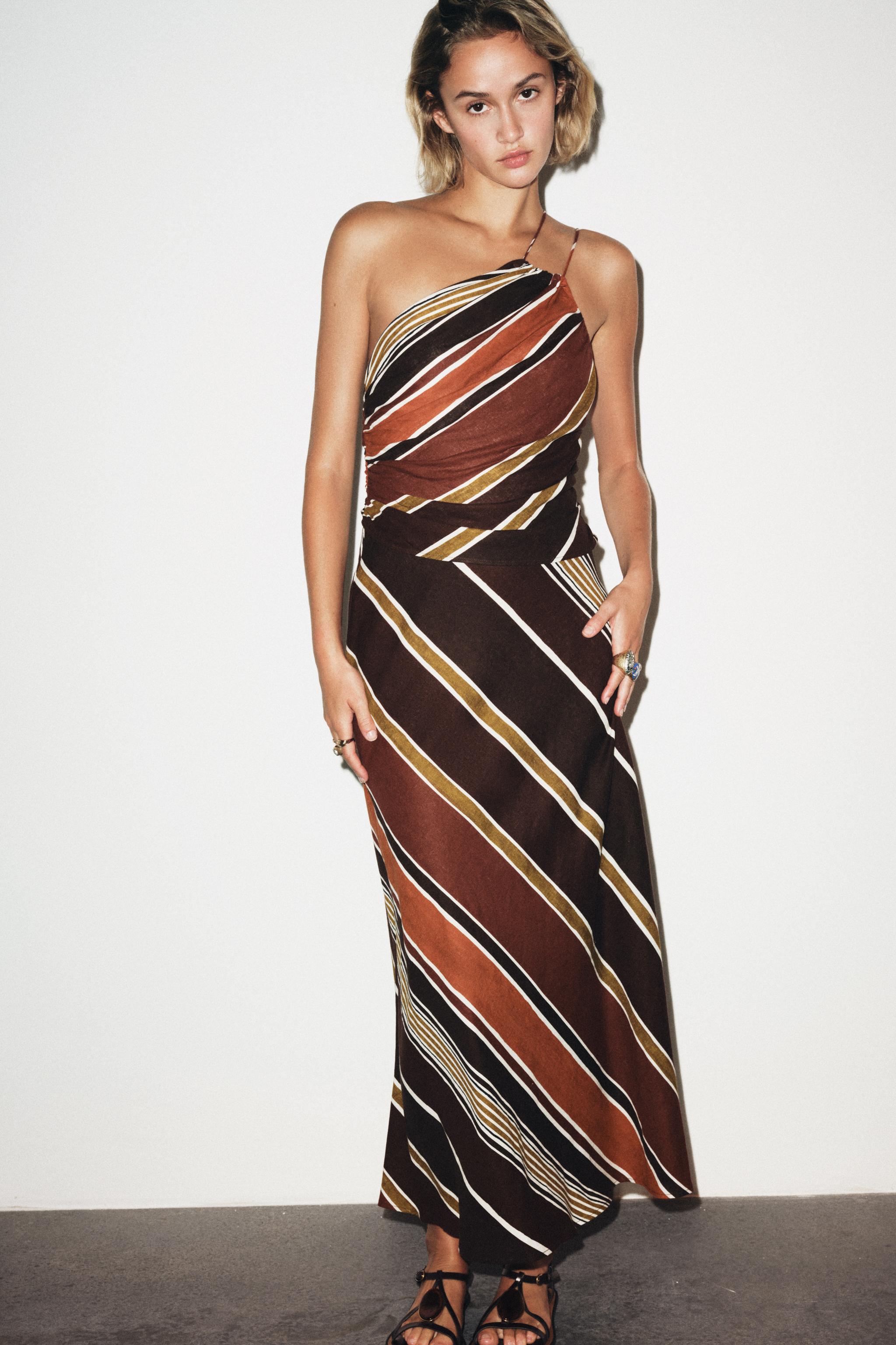 STRIPED ASYMMETRIC MIDI DRESS