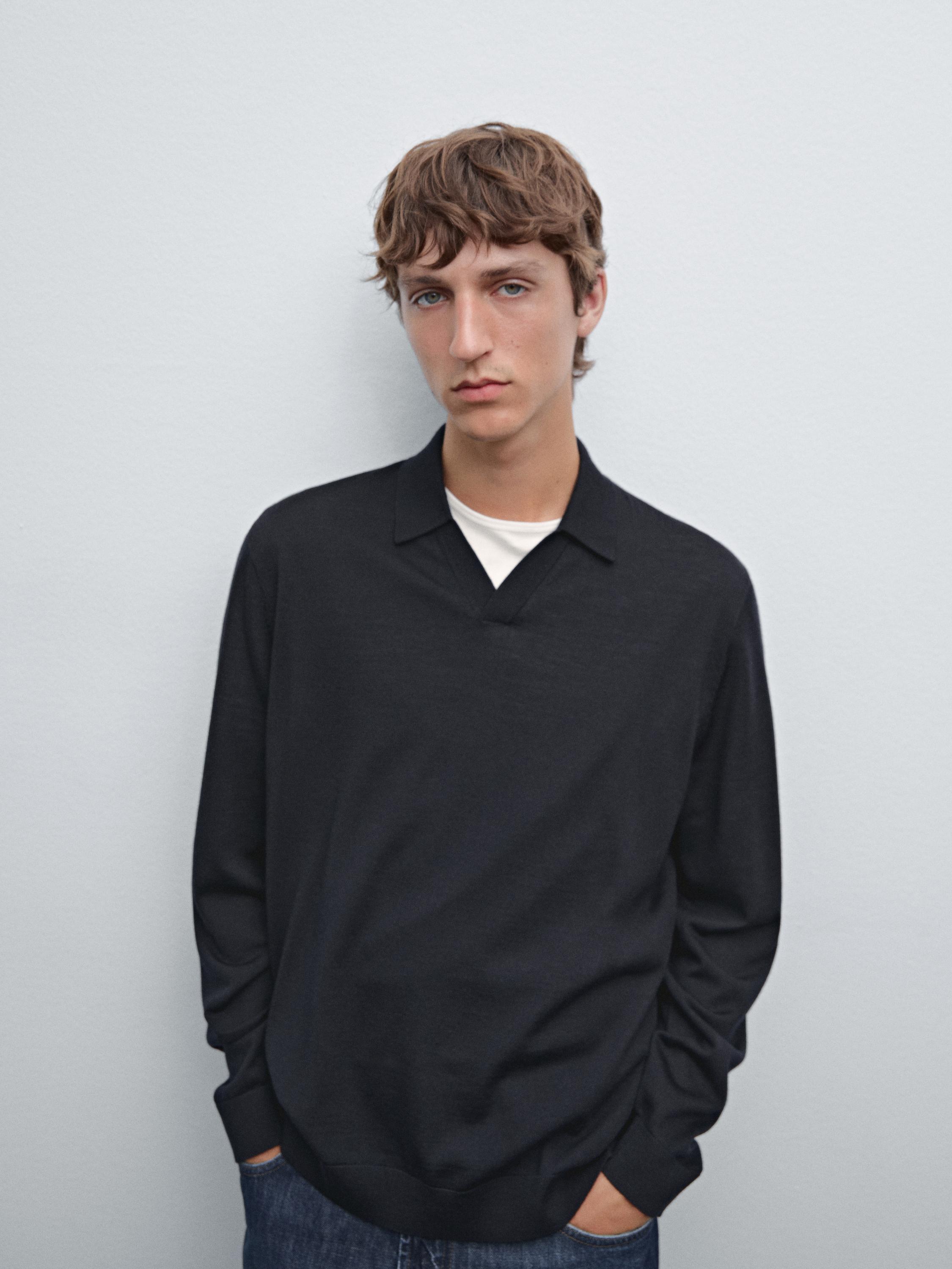 100% merino wool knit polo sweater