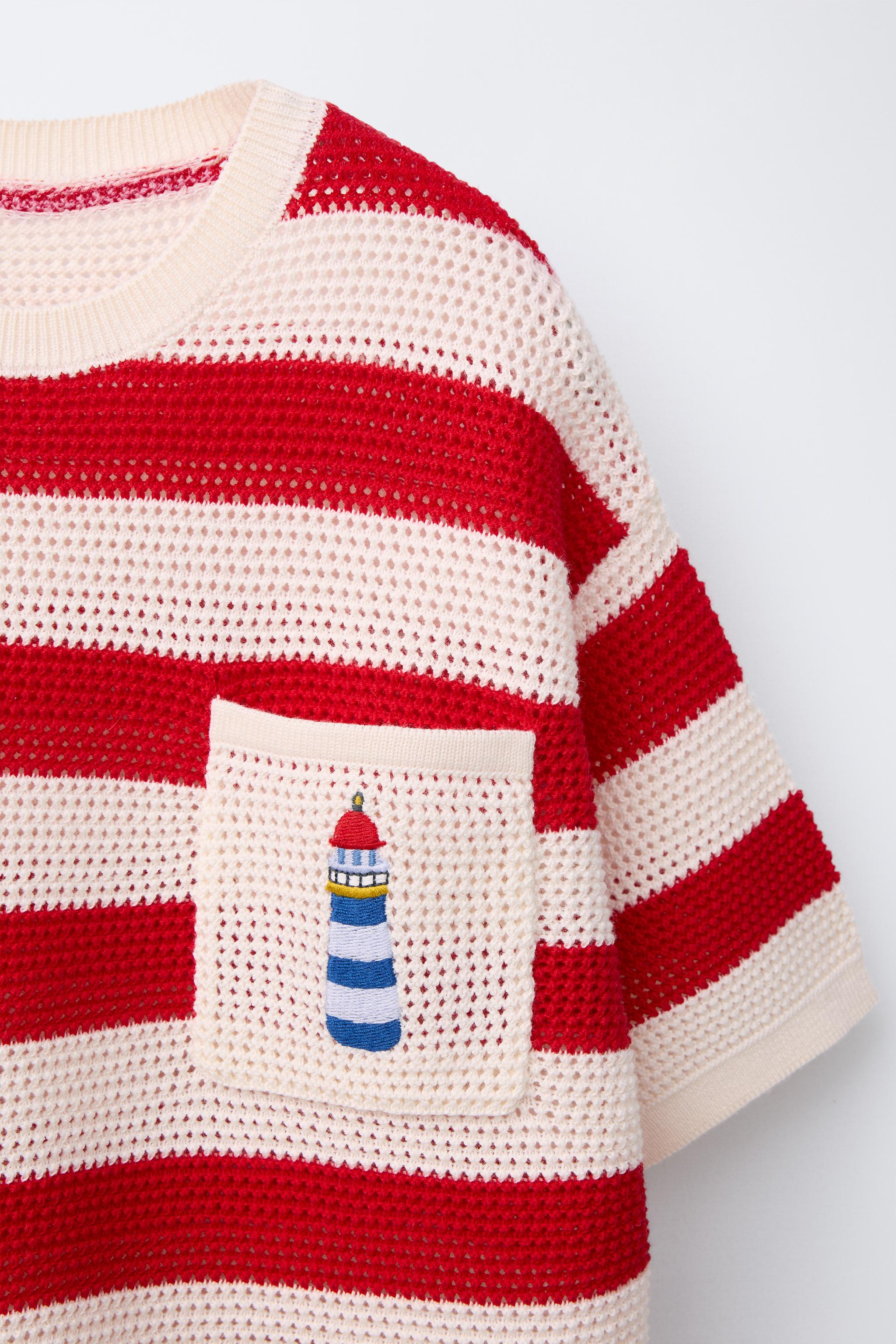 STRIPED KNIT T-SHIRT WITH EMBROIDERED LIGHTHOUSE
