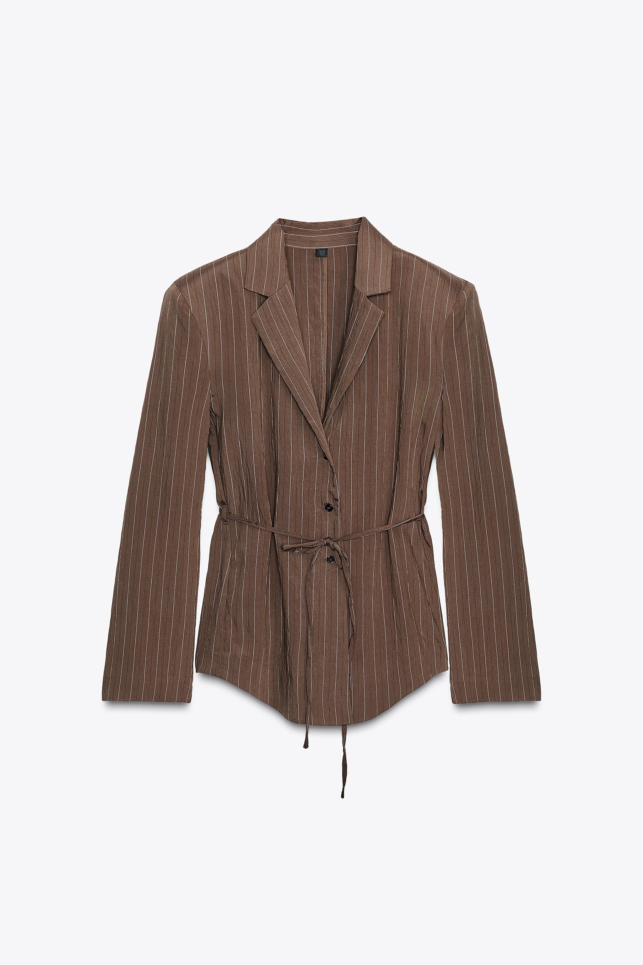 STRIPED SHOULDER PAD BLAZER WITH THIN BELT