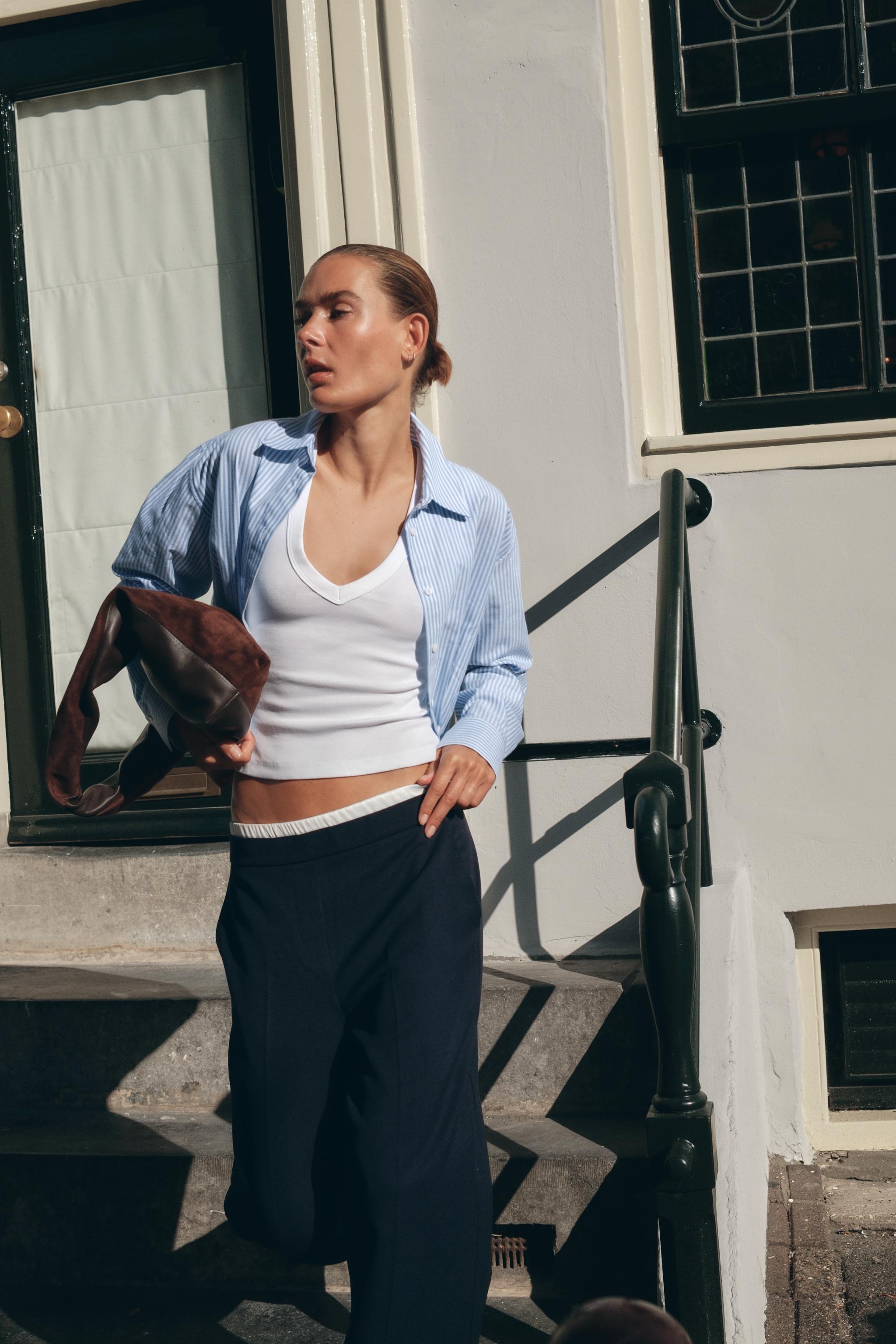 CROPPED STRIPED OXFORD SHIRT WITH WAIST PLEATS