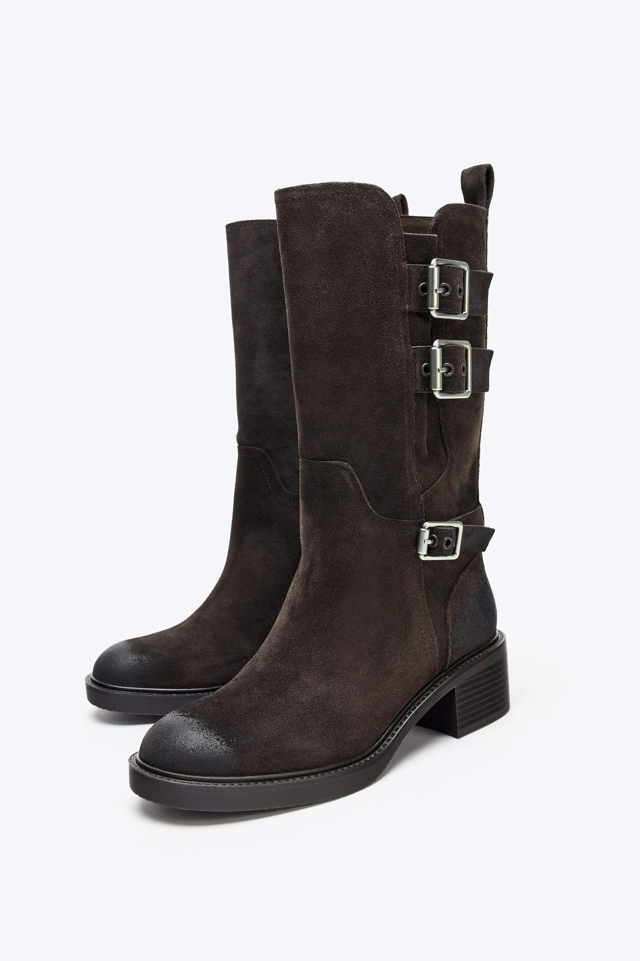 BUCKLED SPLIT LEATHER ANKLE BOOTS