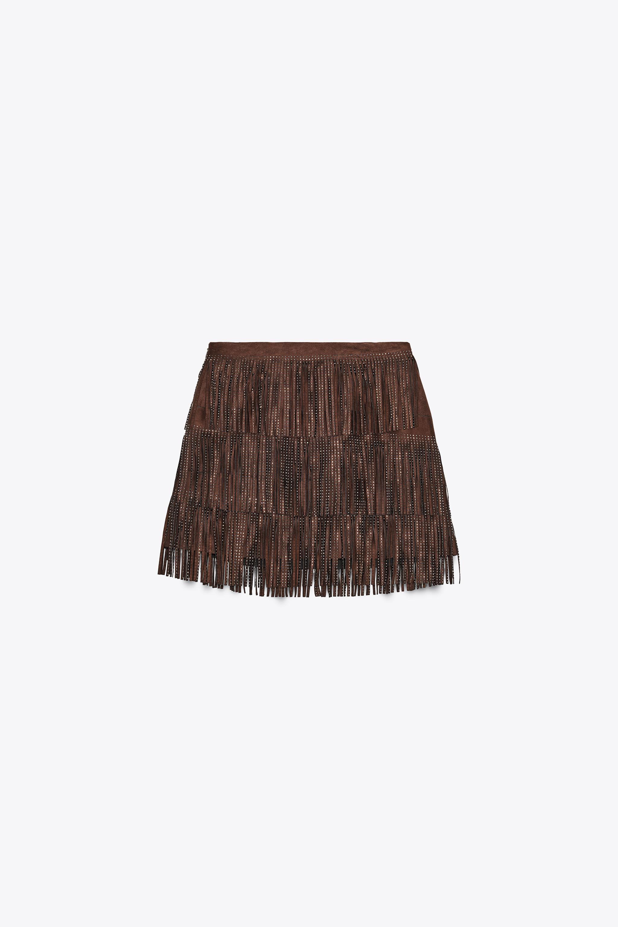 SHIMMERING FAUX SUEDE FRINGE SKIRT