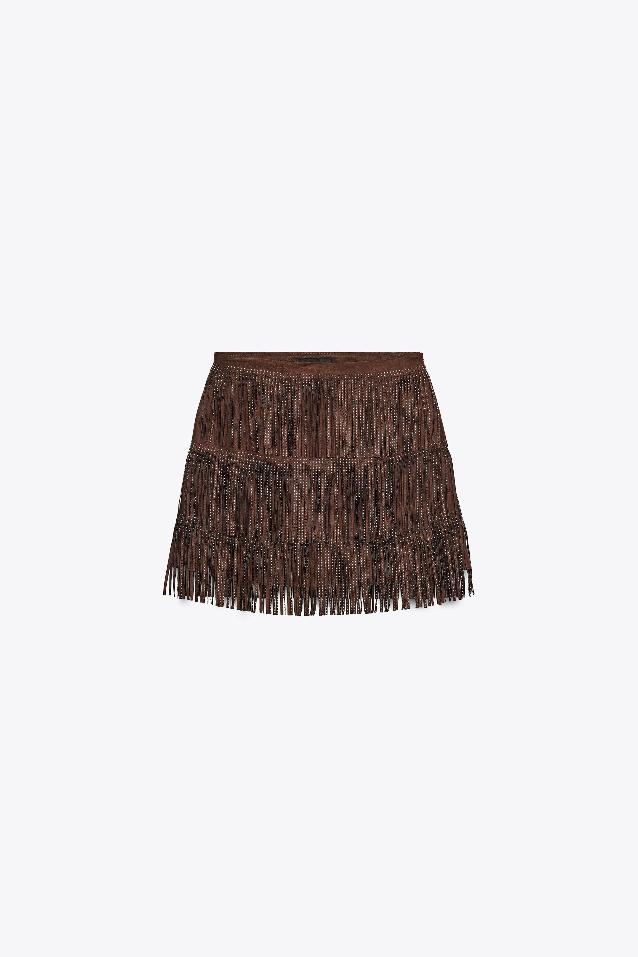 SHIMMERING FAUX SUEDE FRINGE SKIRT