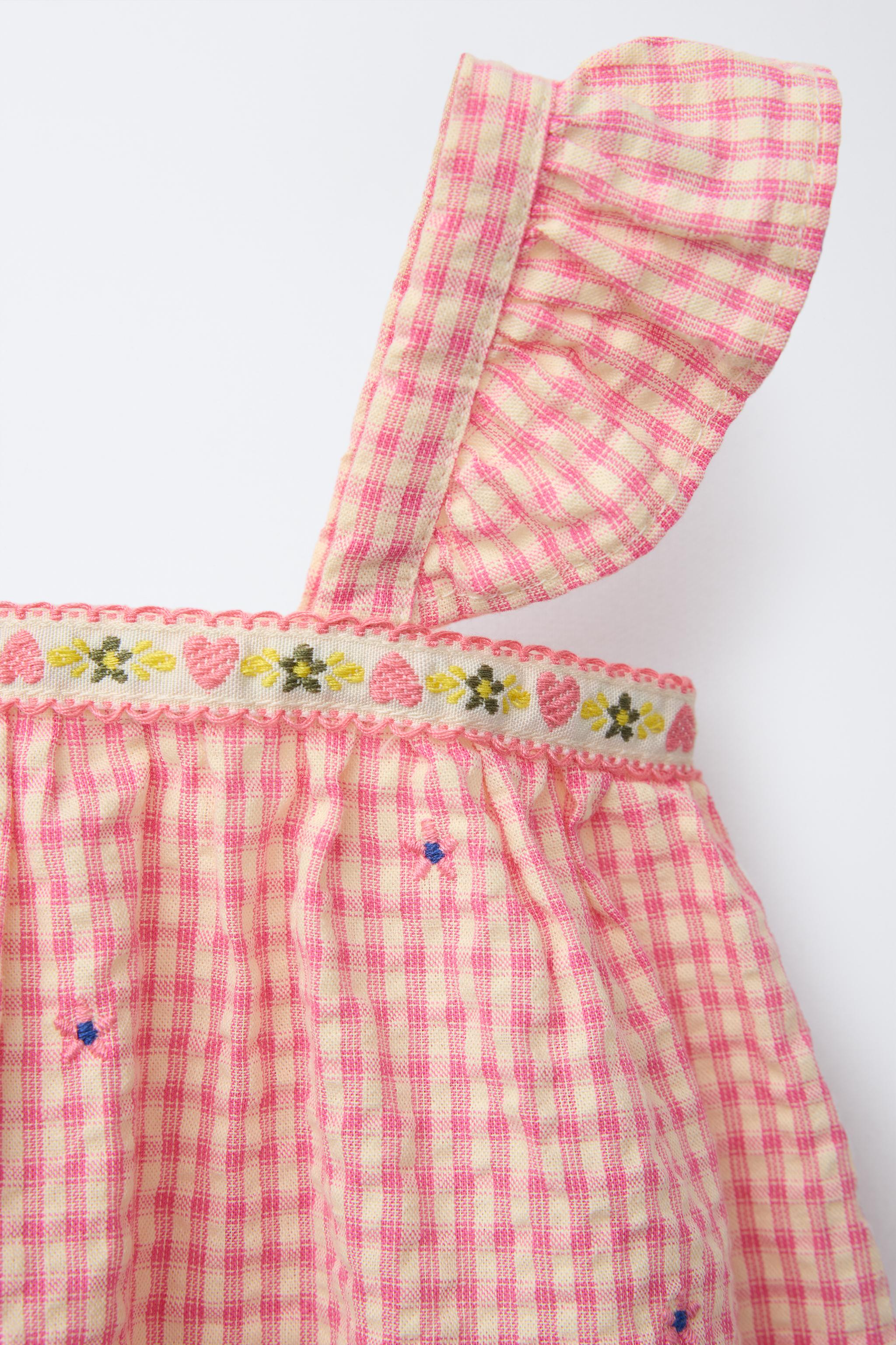 GINGHAM CHECK DRESS AND BLOOMERS WITH EMBROIDERED FLOWERS