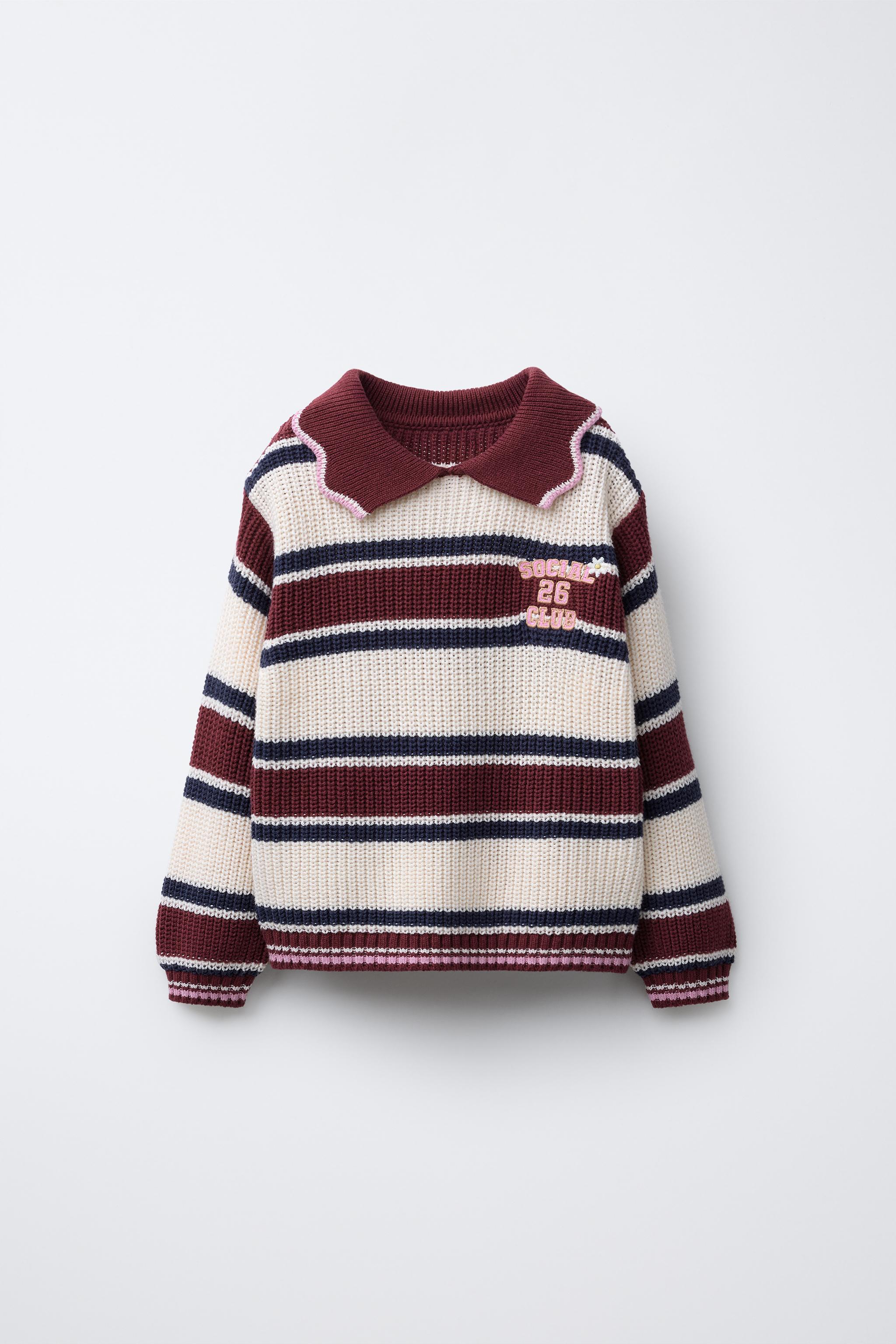 EMBROIDERED STRIPED KNIT POLO SWEATER