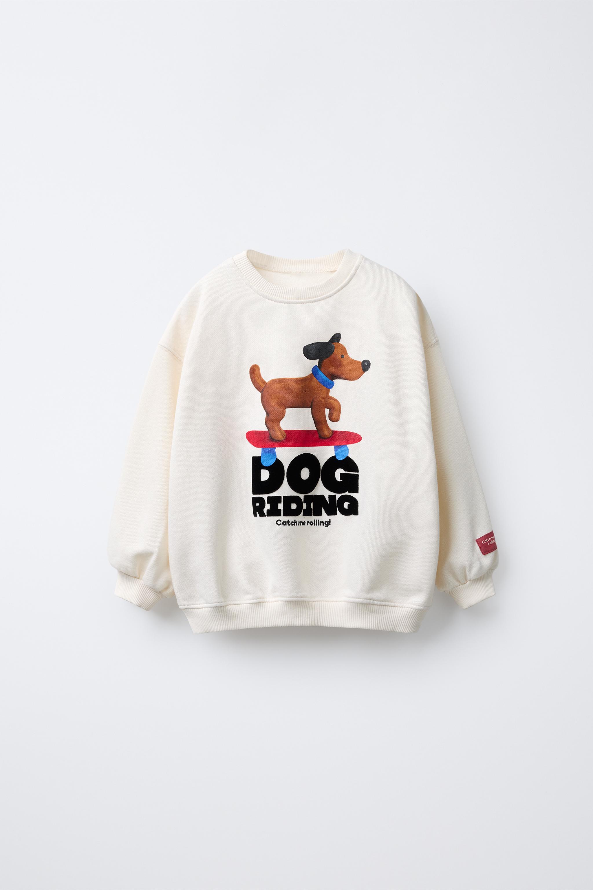DOG AND FLOCKED TEXT PRINT SWEATSHIRT