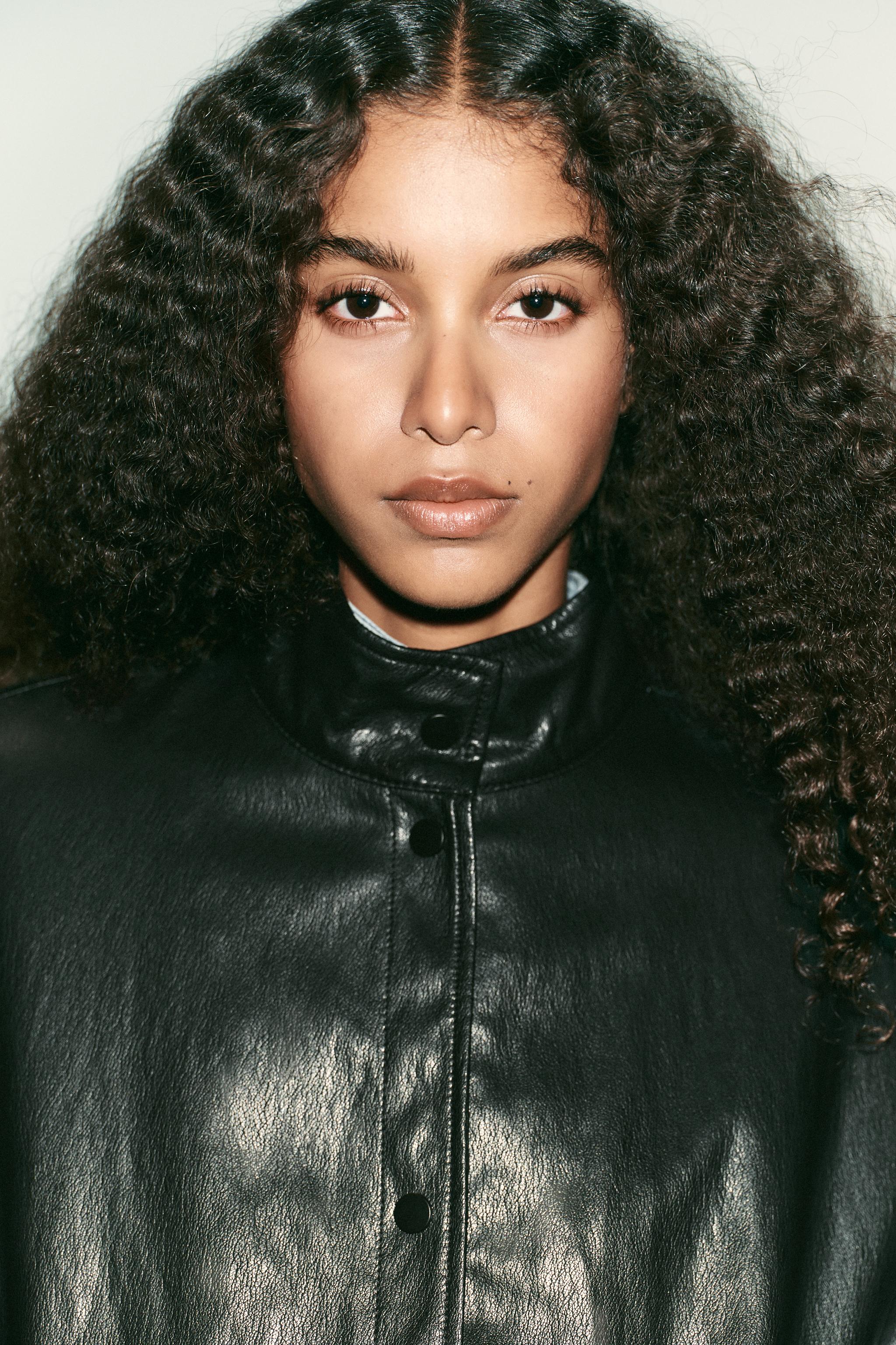 HIGH COLLAR FAUX LEATHER BOMBER JACKET