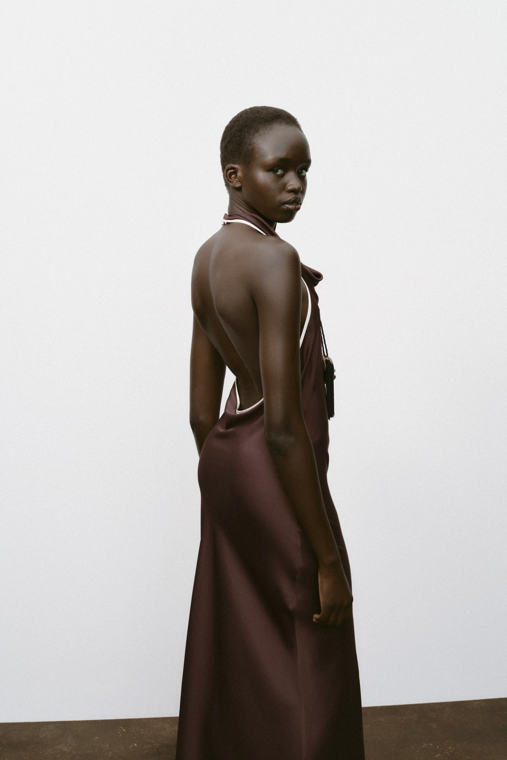 CONTRAST PIPED SATIN MIDI DRESS