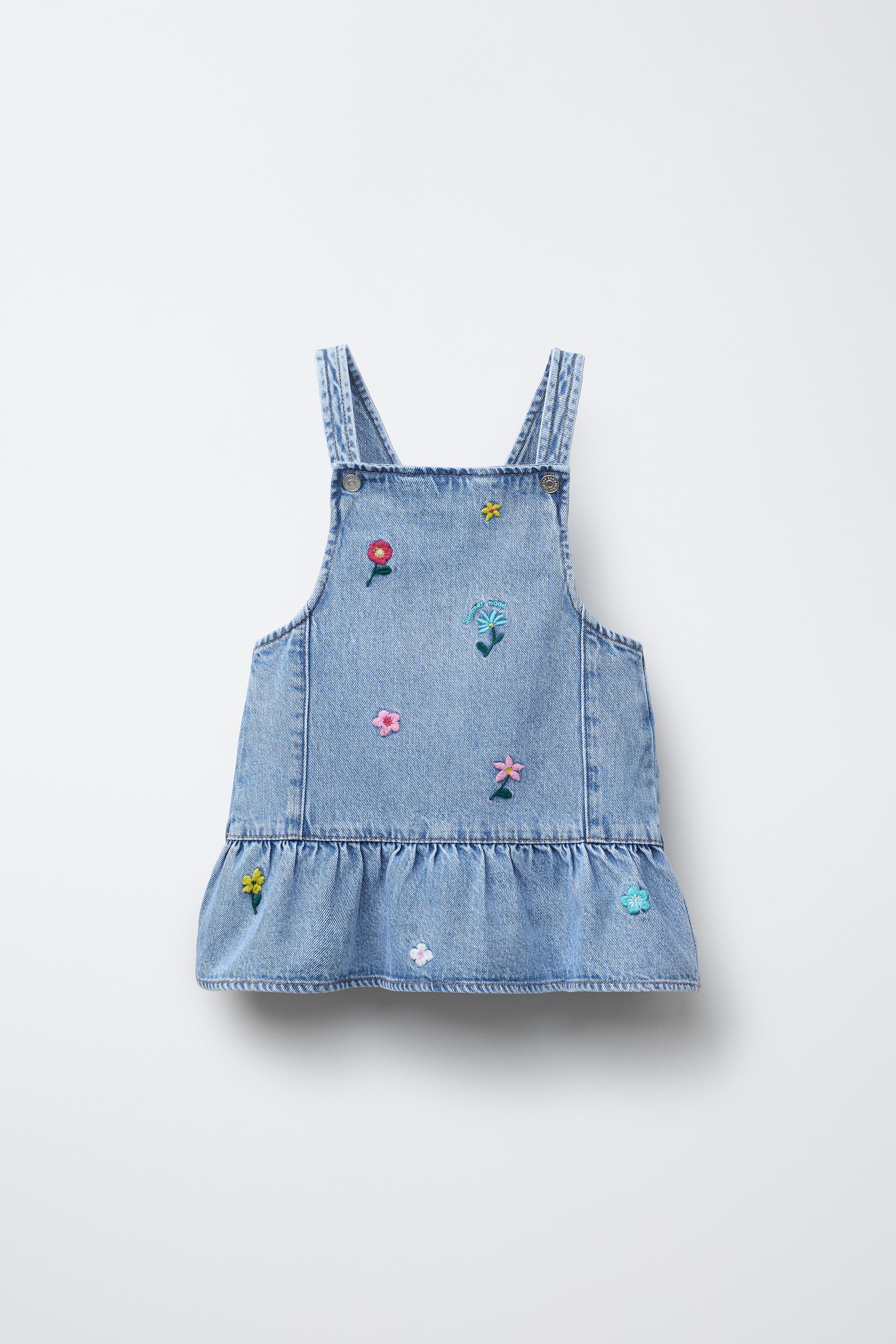 EMBROIDERED FLORAL DENIM PINAFORE DRESS