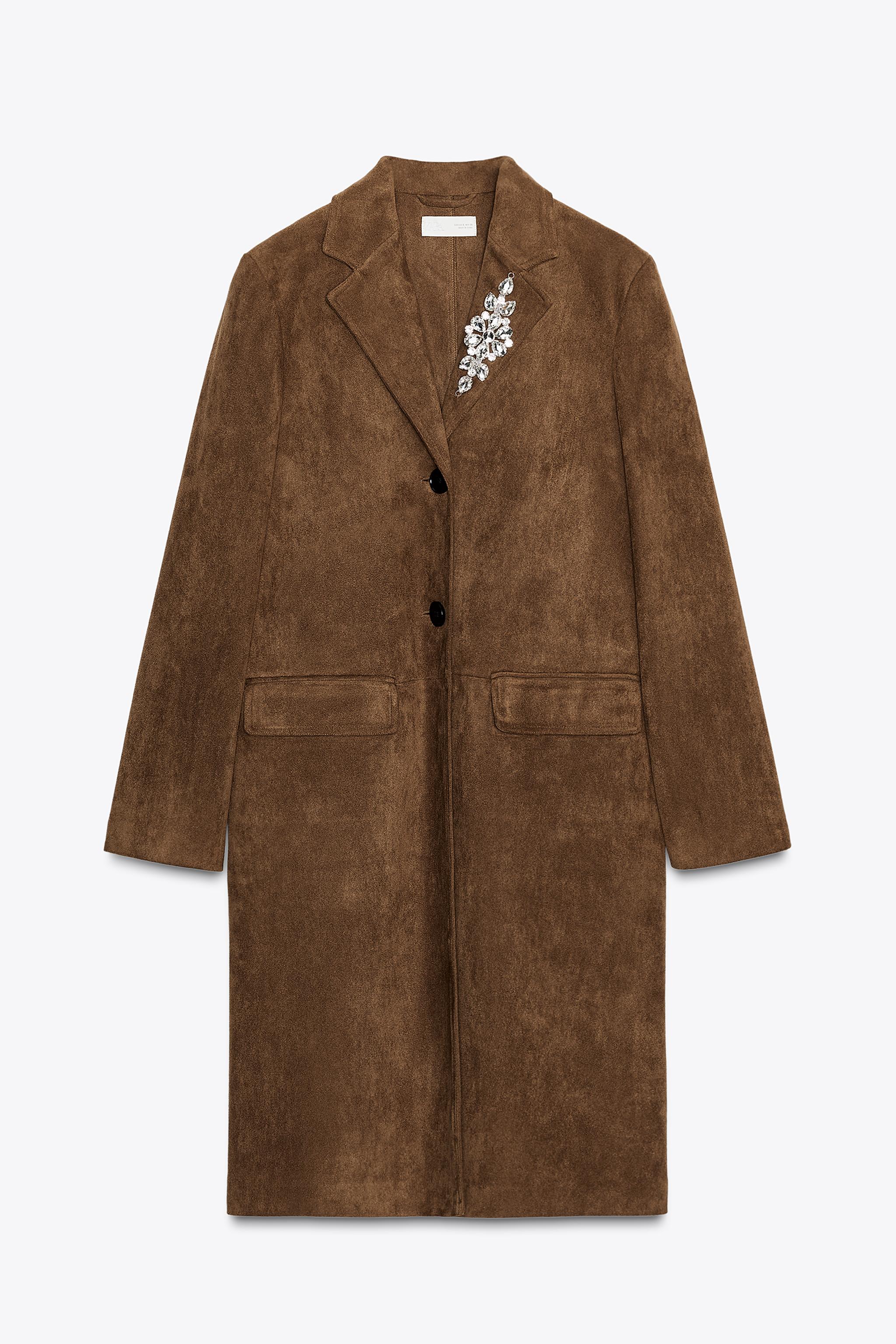 FAUX SUEDE FROCK COAT WITH BROOCH