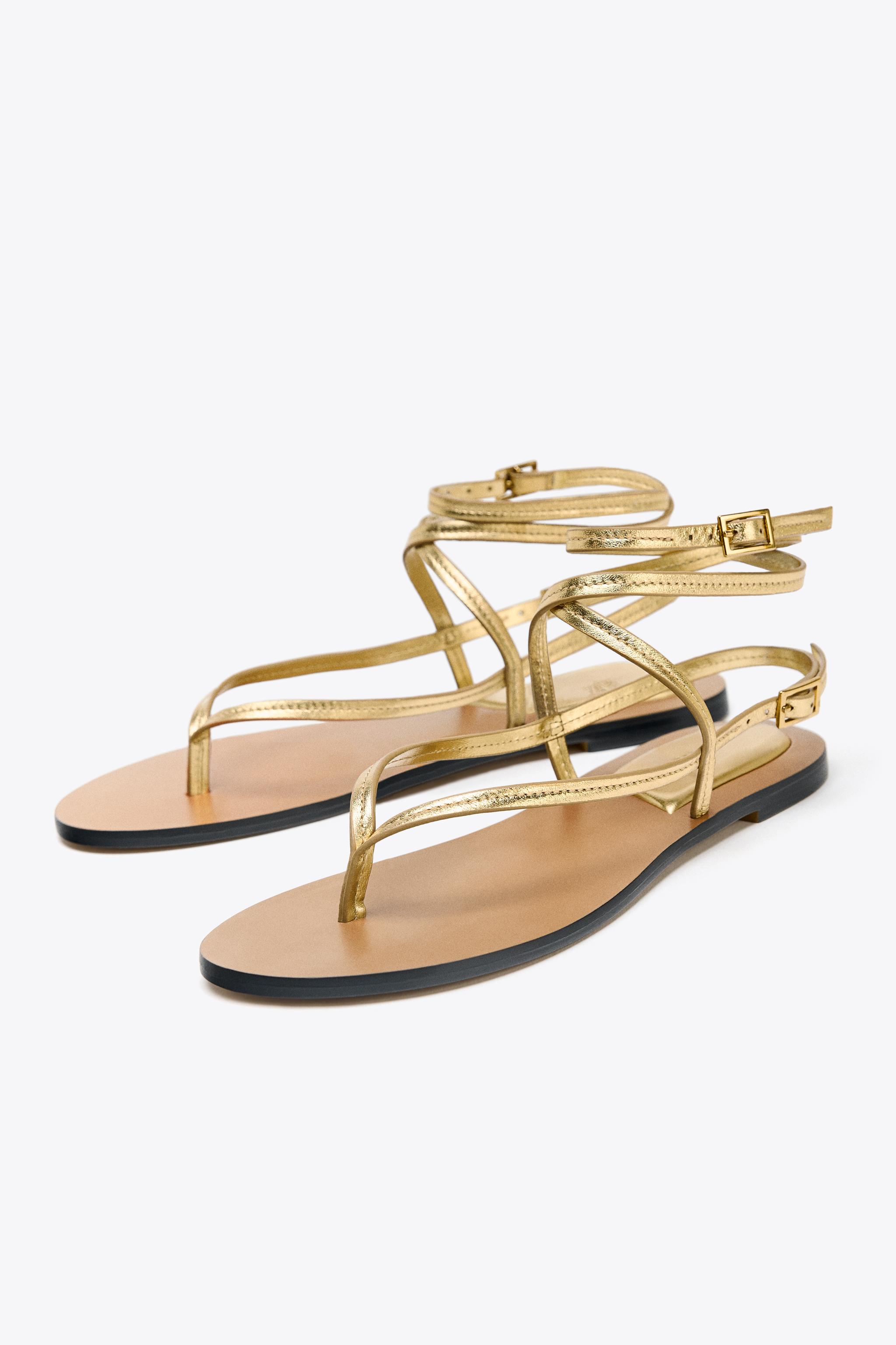 METALLIC EFFECT STRAPPY LEATHER SANDALS