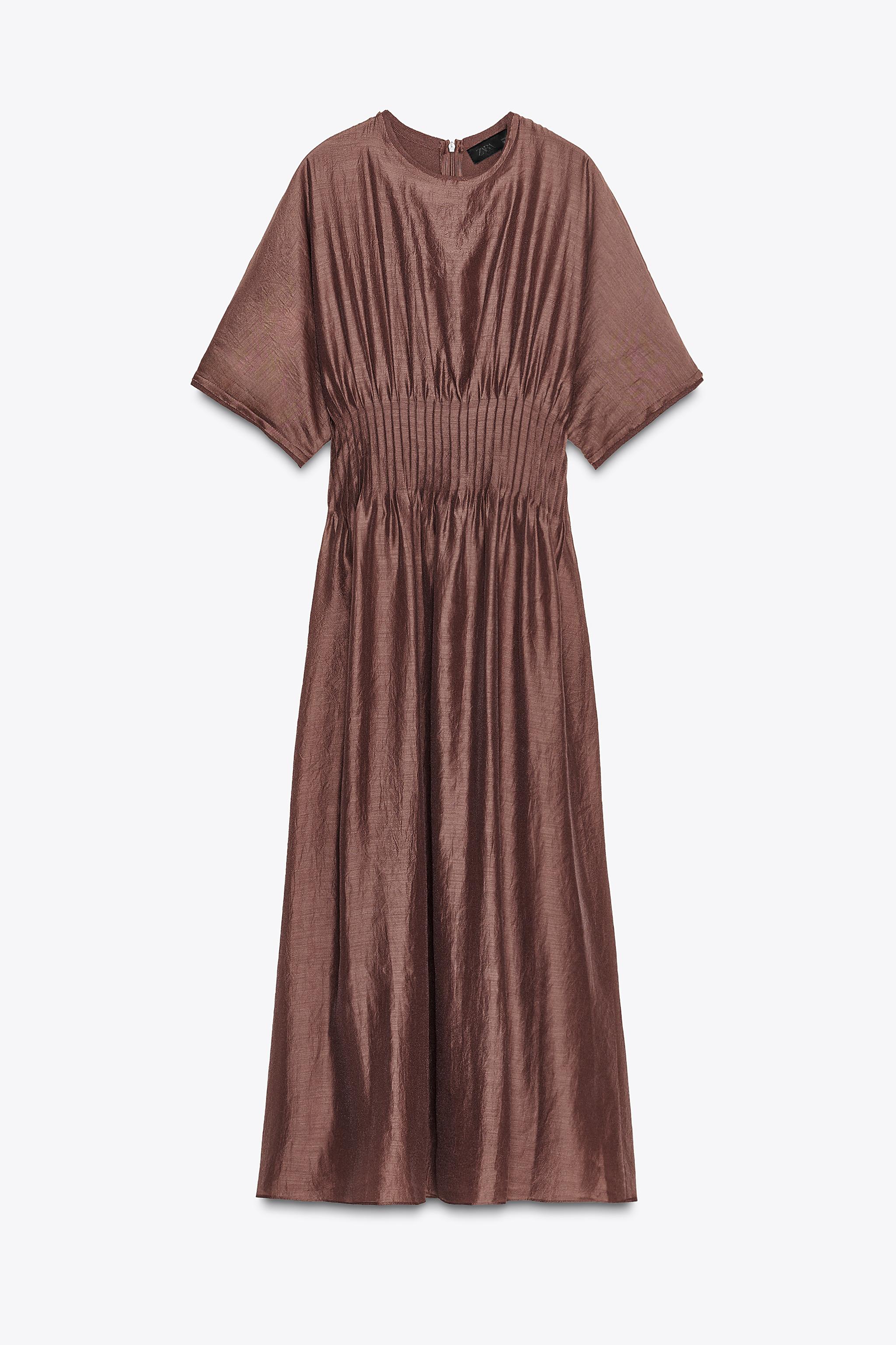 PLEATED WAIST MIXED KNIT DRESS