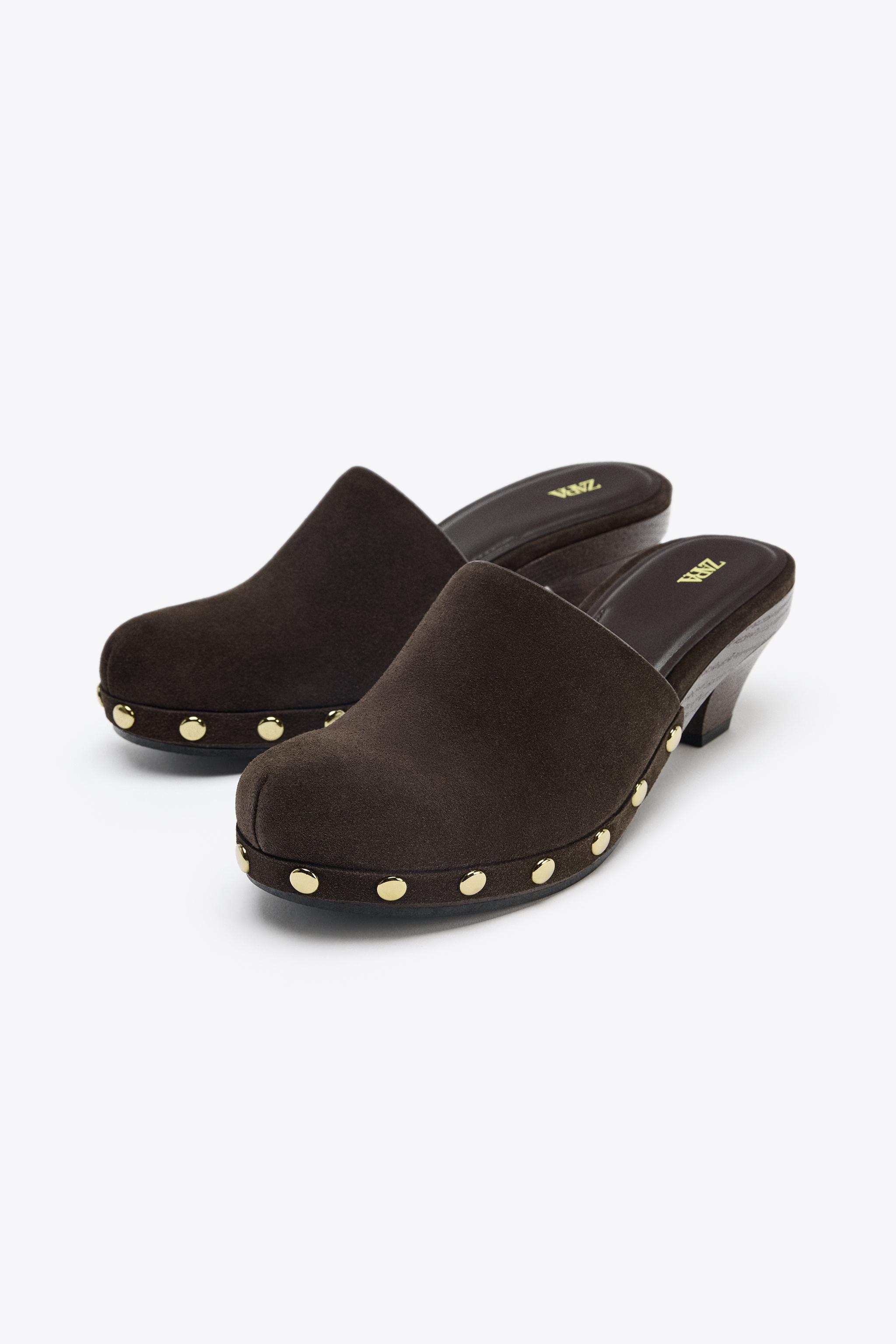 SPLIT LEATHER STUDDED KITTEN CLOGS