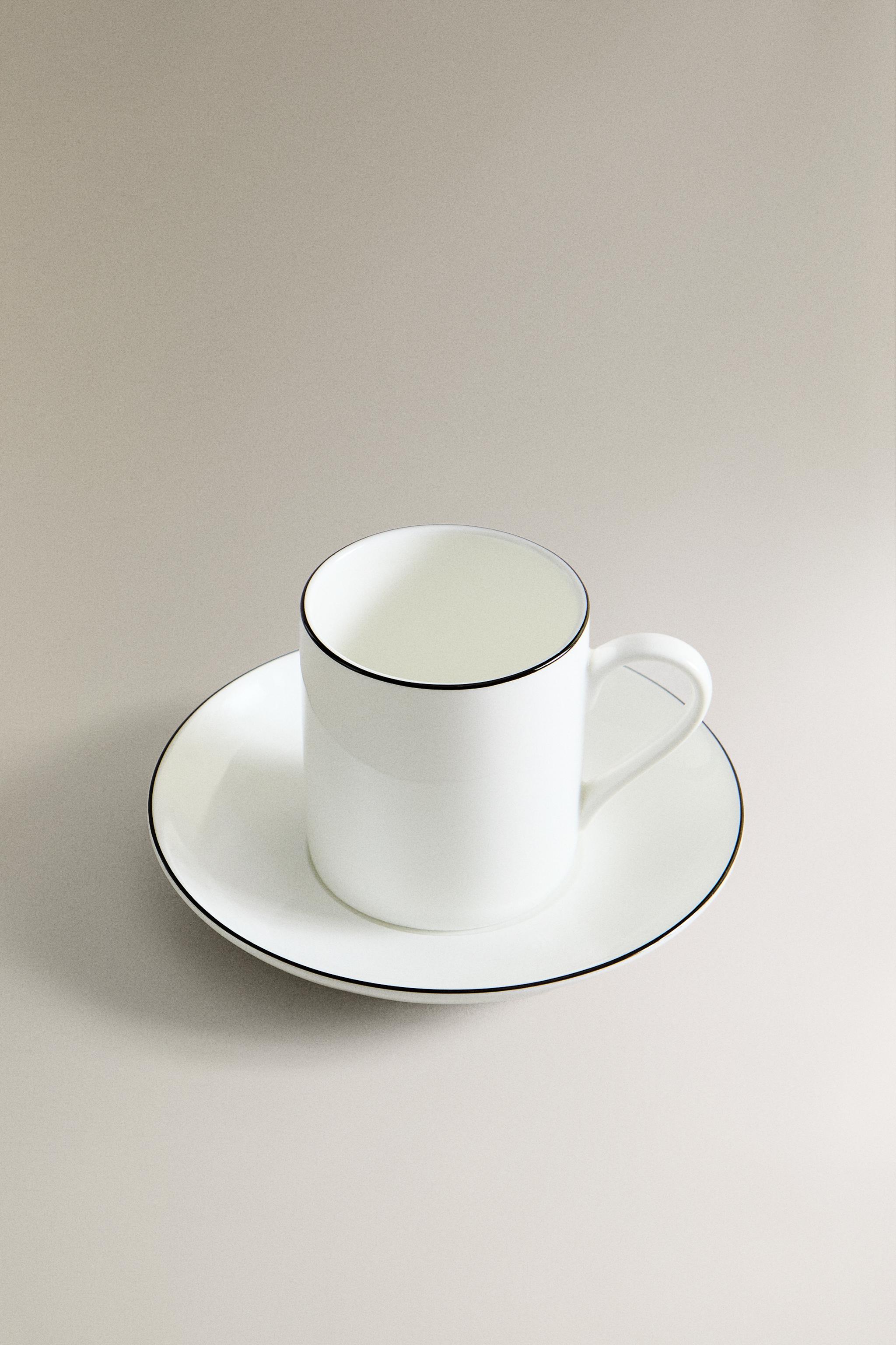 BONE CHINA COFFEE CUP AND SAUCER WITH BLACK RIM