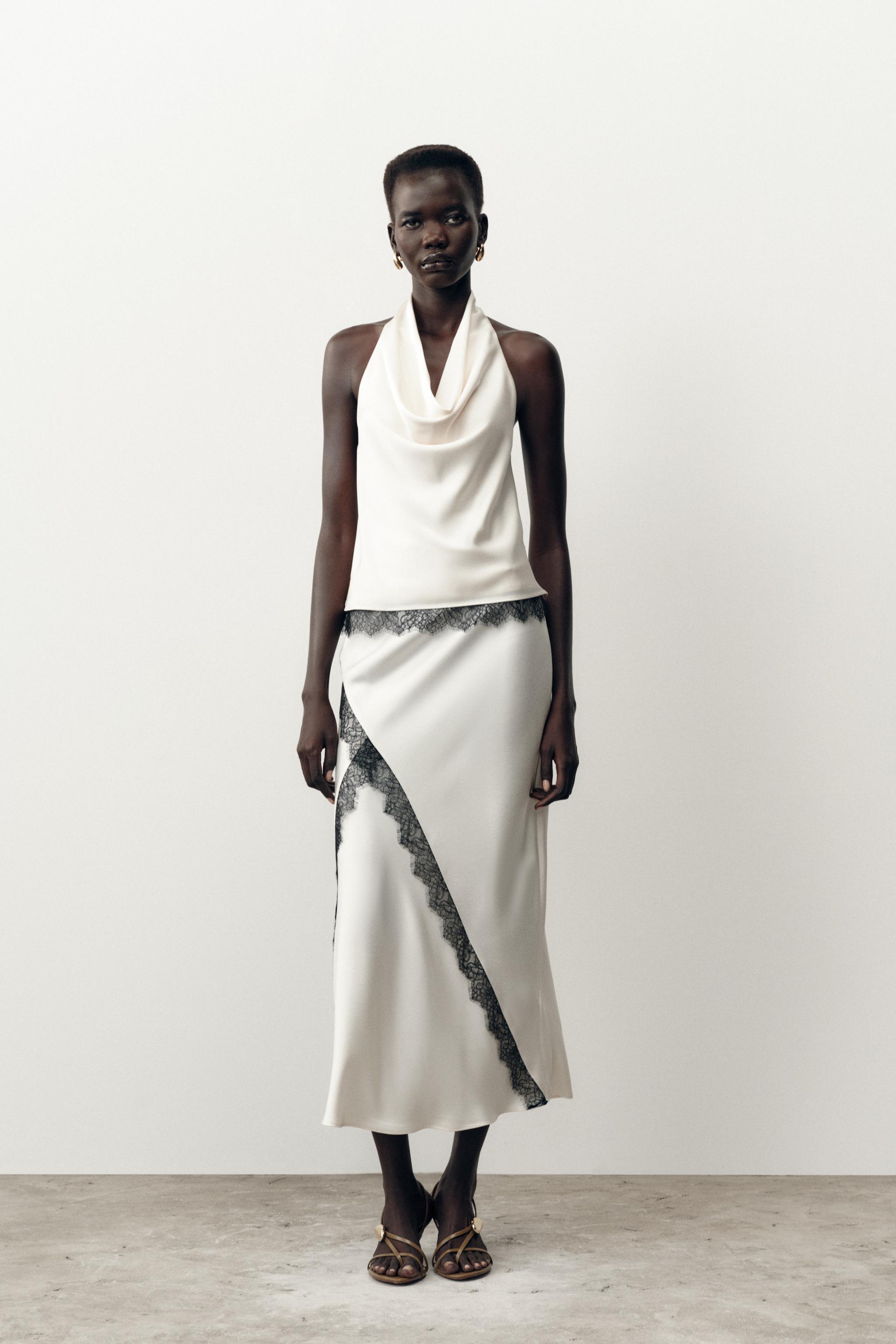 SATIN EFFECT LACE MIDI SKIRT