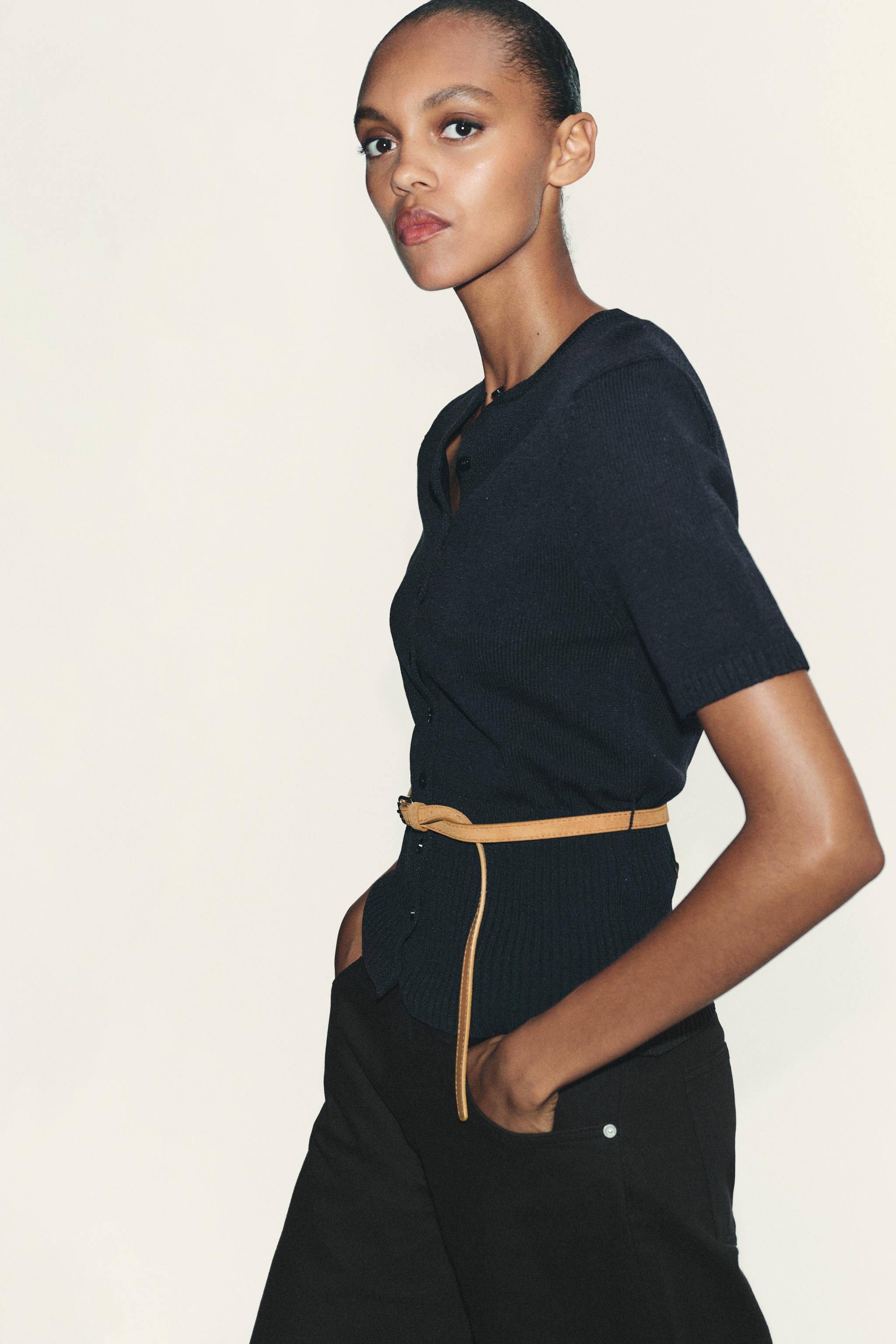 BELTED SHORT SLEEVE KNIT CARDIGAN