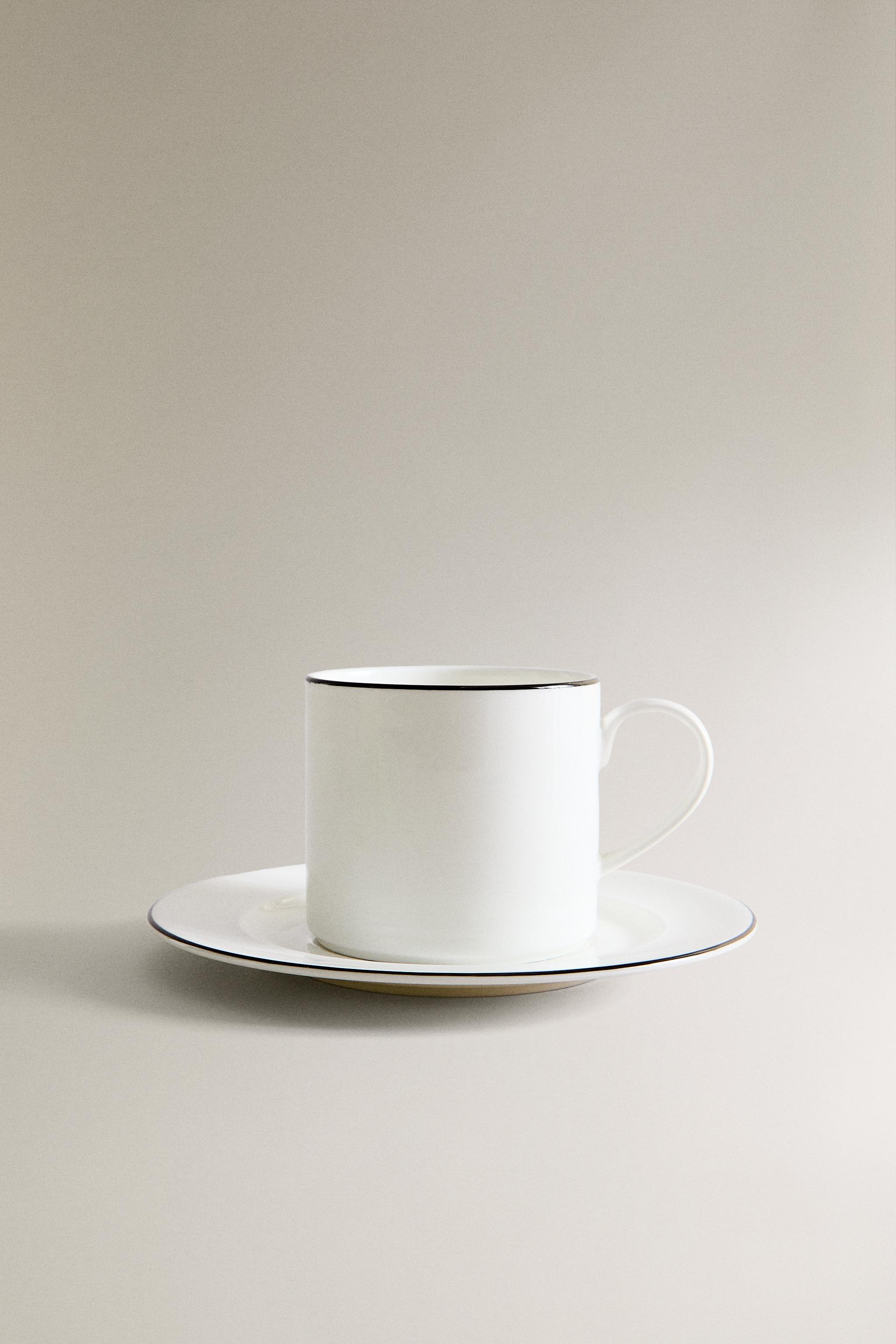 BONE CHINA TEACUP AND SAUCER WITH BLACK RIM