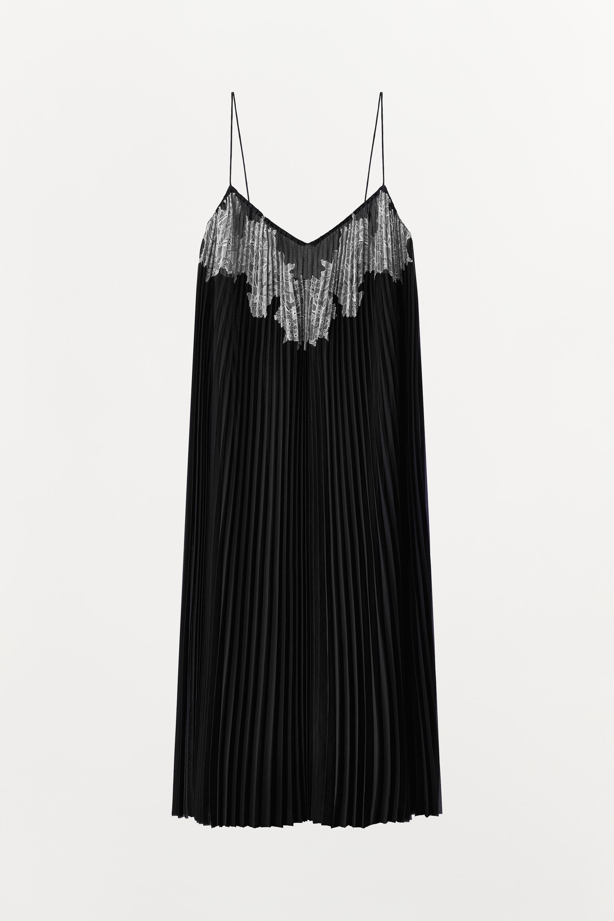 PLEATED DRESS WITH EMBROIDERY AND LACE