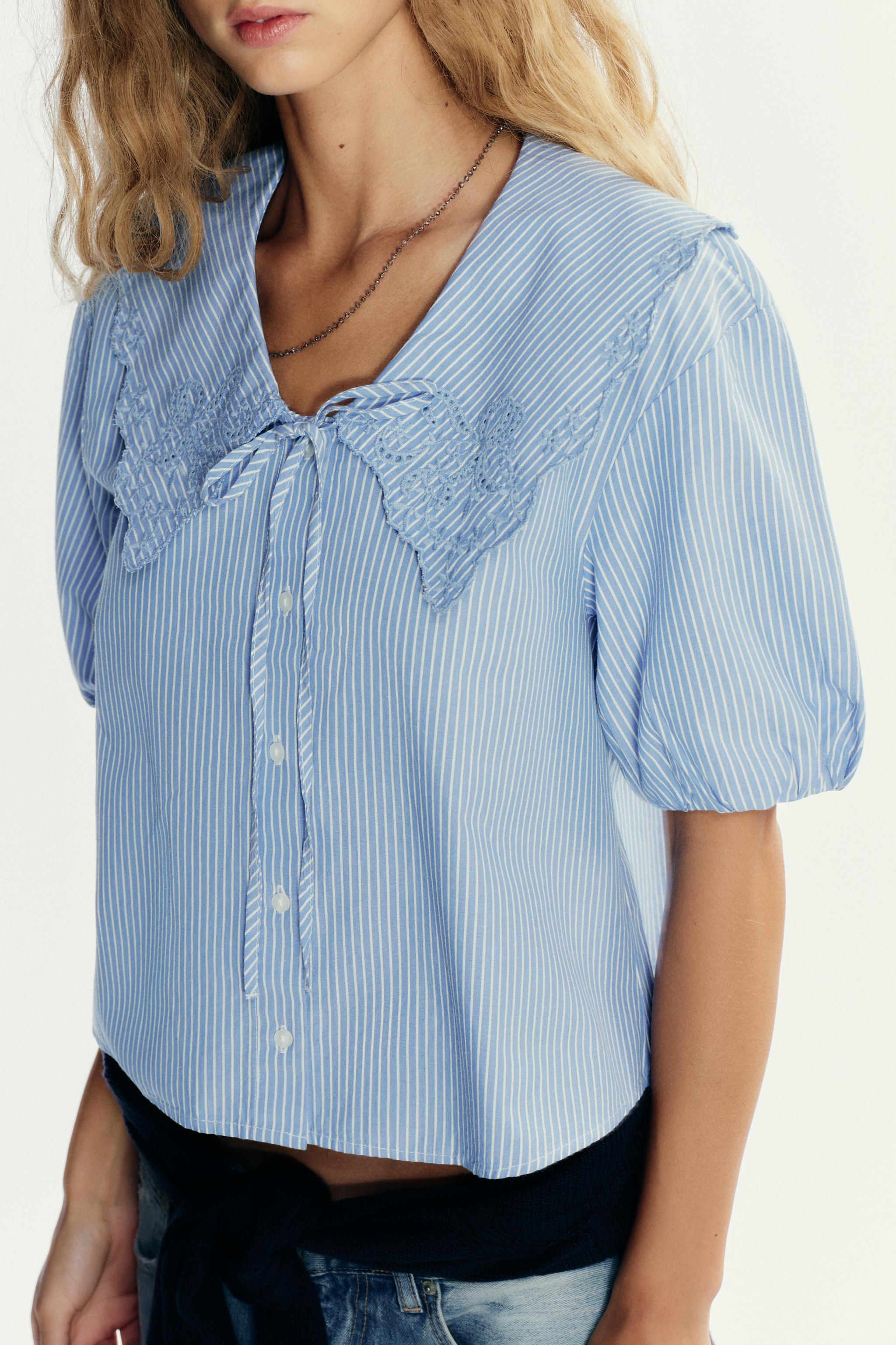 EMBROIDERED STRIPED PETER PAN COLLAR SHIRT