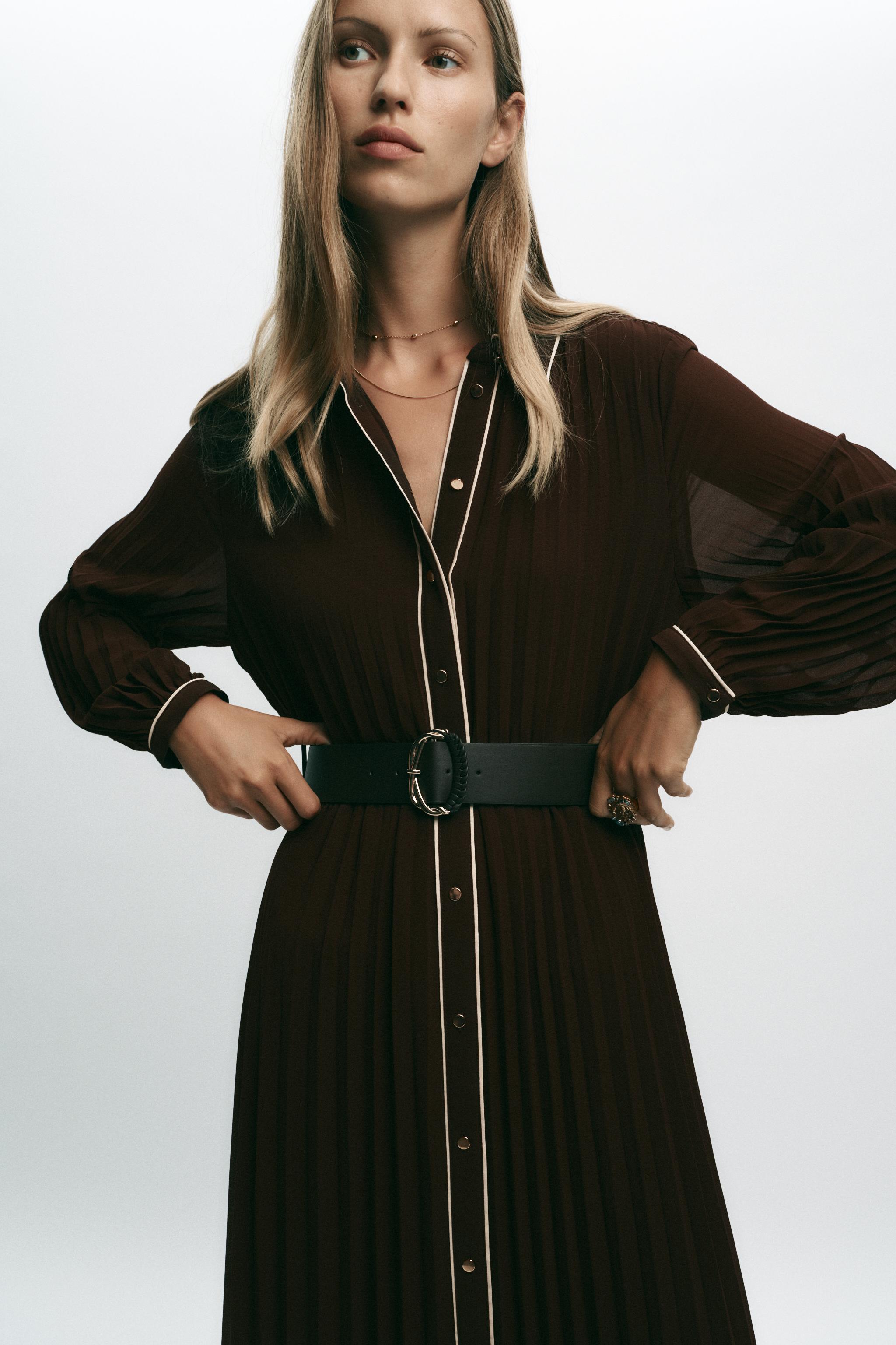 BELTED PLEATED MIDI DRESS