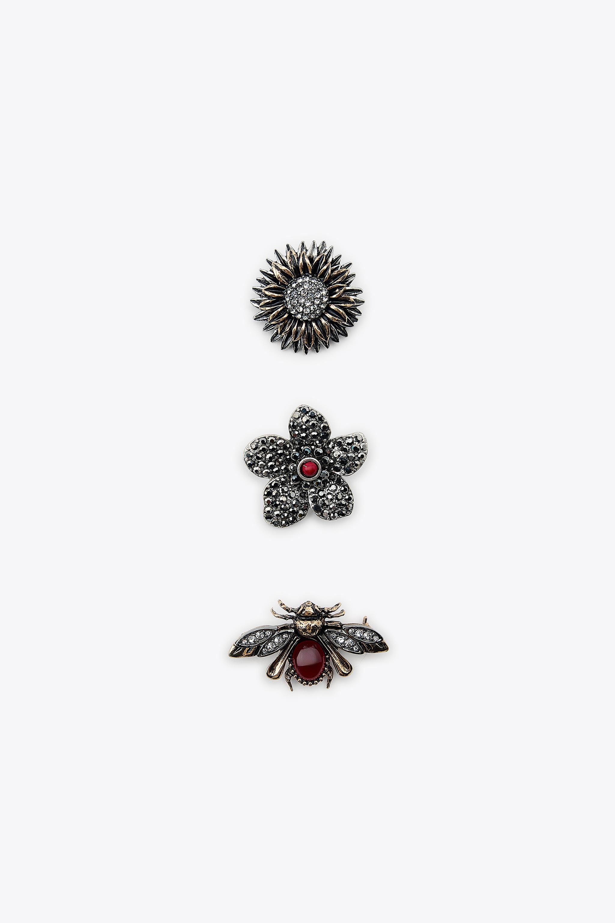 PACK OF 3 METAL FLOWER AND BEE BROOCHES