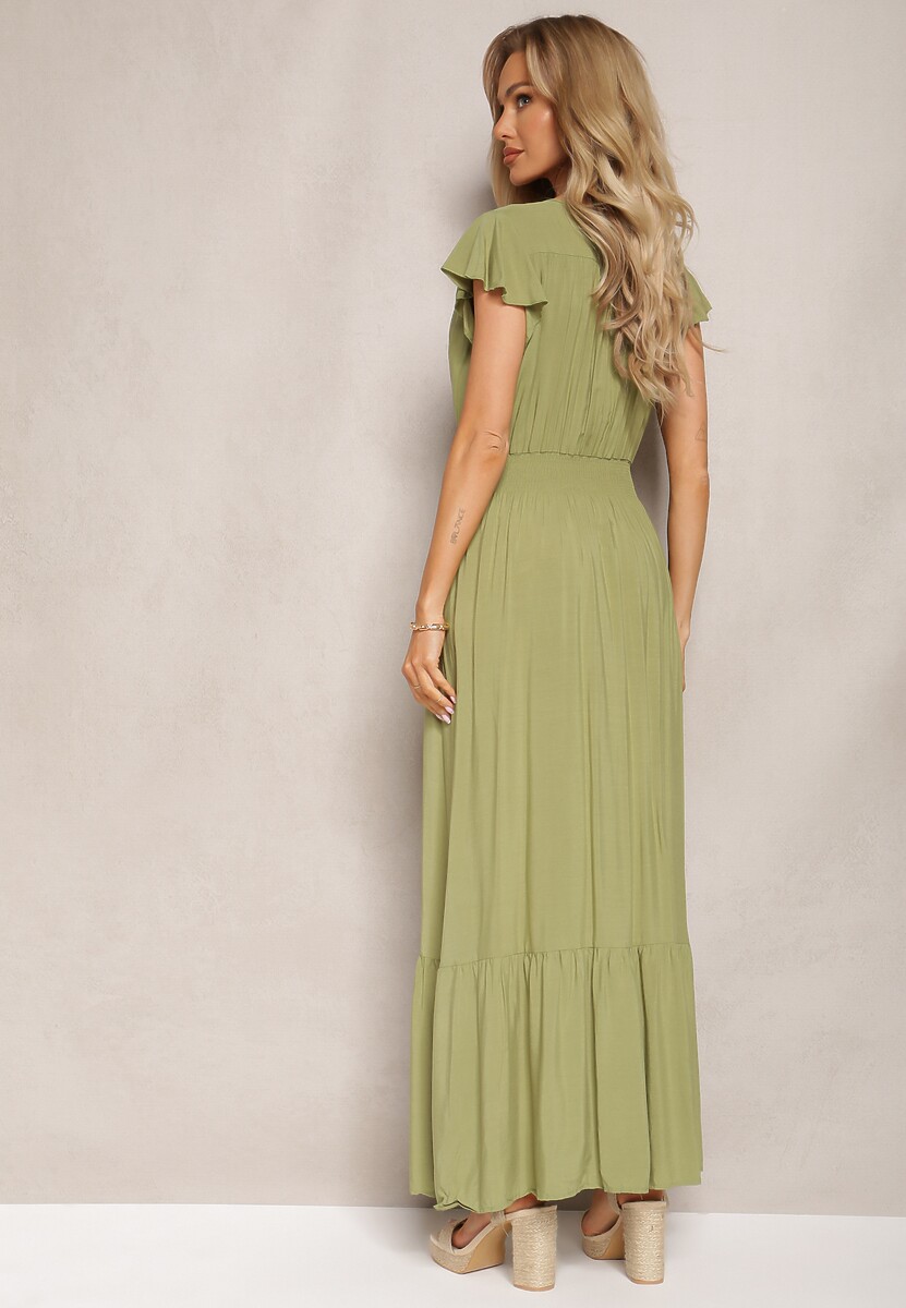 Zielona Rozkloszowana Sukienka Maxi z Bawełny o Kopertowym Kroju Asmerie