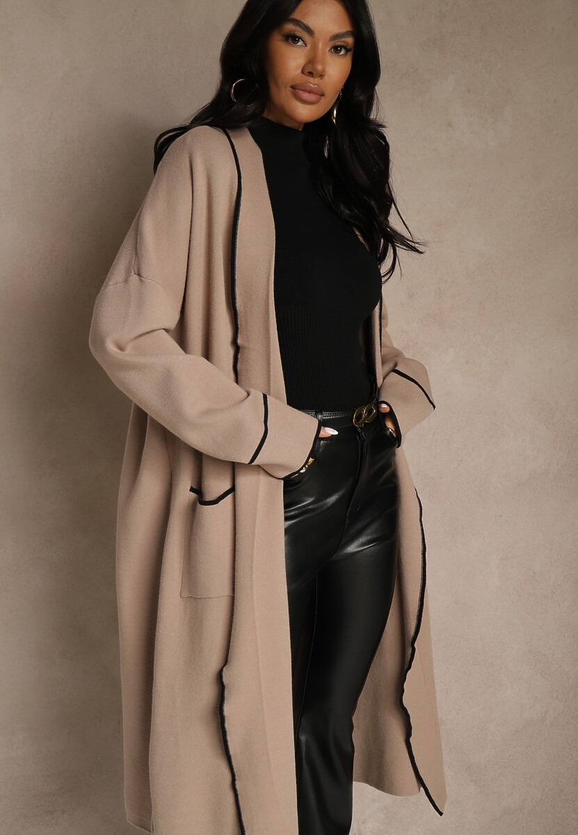 Beżowy Niezapinany Kardigan o Długim Kroju z Lamówką Venisse