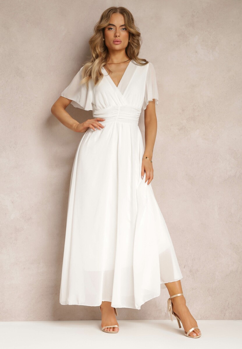 Biała Rozkloszowana Sukienka z Kopertowym Dekoltem Obillis