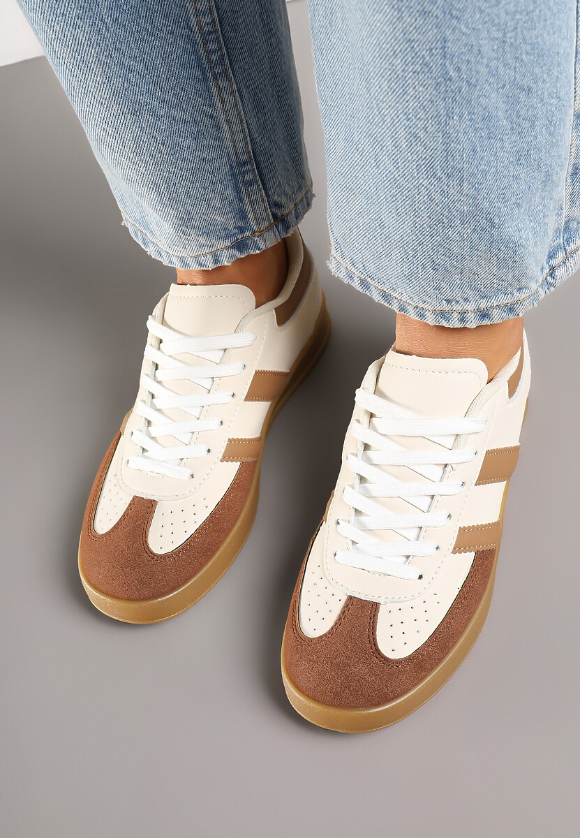 Beżowo-Białe Sneakersy w Stylu Klasycznych Tenisówek Zdobione Przeszyciami Ivelfia