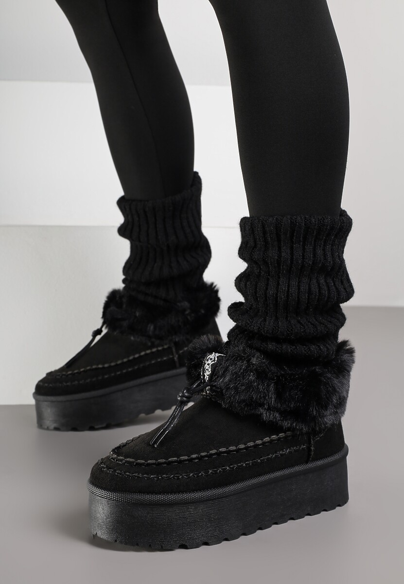 Czarne Śniegowce na Platformie Ozdobione Futerkiem i Przeszyciami Linerva