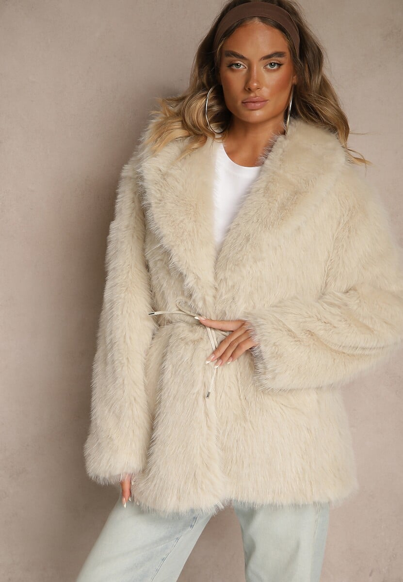 Beżowa Klasyczna Kurtka Futerko z Wąskim Wiązanym Paskiem w Talii Casfitta