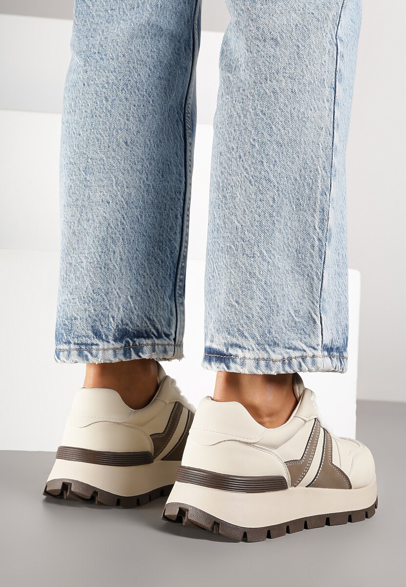 Beżowe Sneakersy na Grubej Podeszwie Zdobione Przeszyciami Lulline