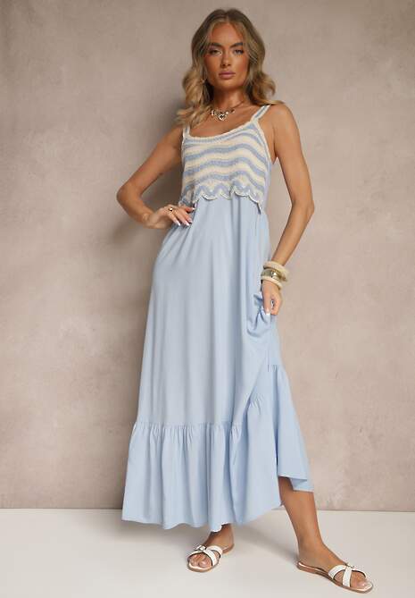 Niebieska Wiskozowa Sukienka z Haftami na Ramiączkach o Rozkloszowanym Kroju Efralisse