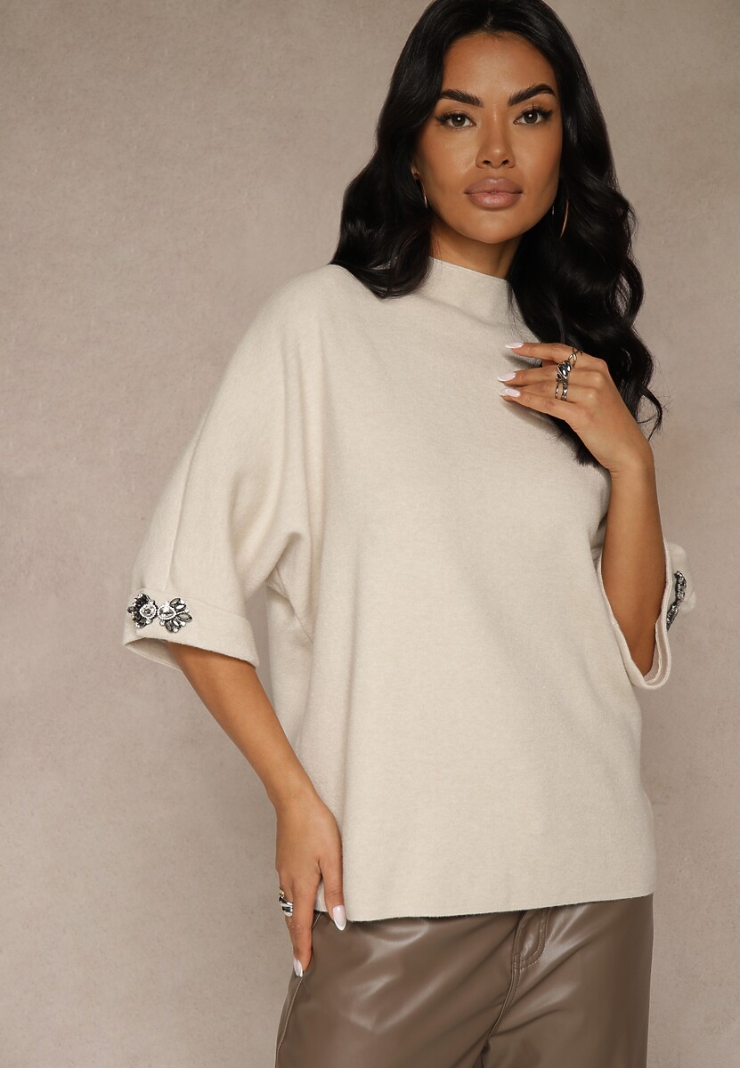 Bordowy Sweter z Cyrkoniami przy Rękawach Corentusa