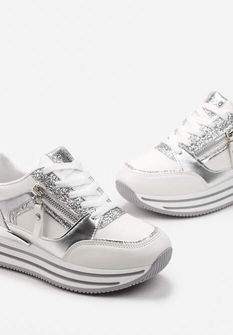 Białe Brokatowe Sneakersy na Grubej Podeszwie ze Sznurowaniem i Suwakiem Irollia