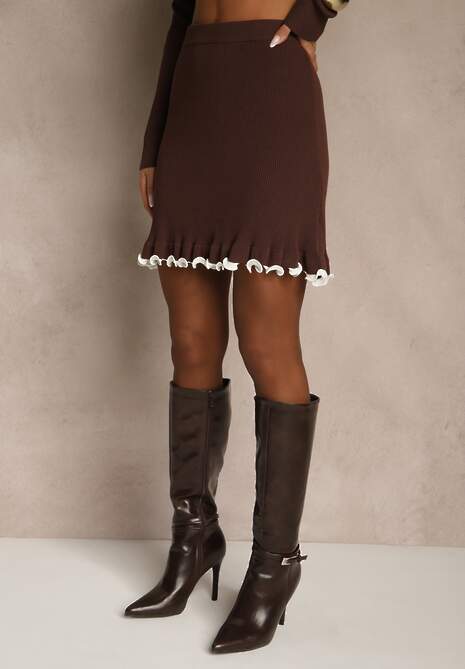Brązowy Komplet Dzianinowy z Wiskozą Bluzka z Odkrytymi Ramionami i Spódnica Zozalina