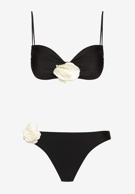 Czarne Bikini z Wiązaną Górą Ozdobione Kwiatowymi Aplikacjami Rivashan