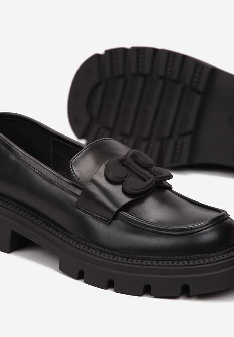 Czarne Mokasyny przed Kostkę z Ozdobną Klamrą i Wkładką ze Skóry Naturalnej Aglemia
