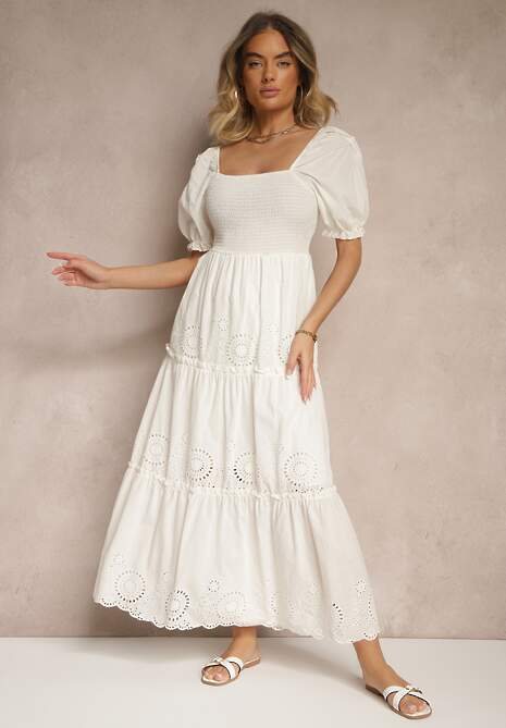 Biała Sukienka z Bawełny Ozdobiona Haftem Iffirina