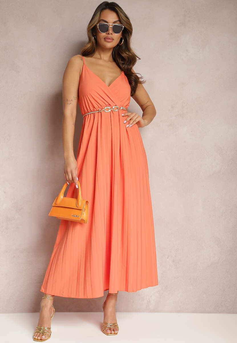 Pomarańczowa Długa Sukienka Kopertowa o Rozkloszowanym Kroju na Ramiączkach Kaemera